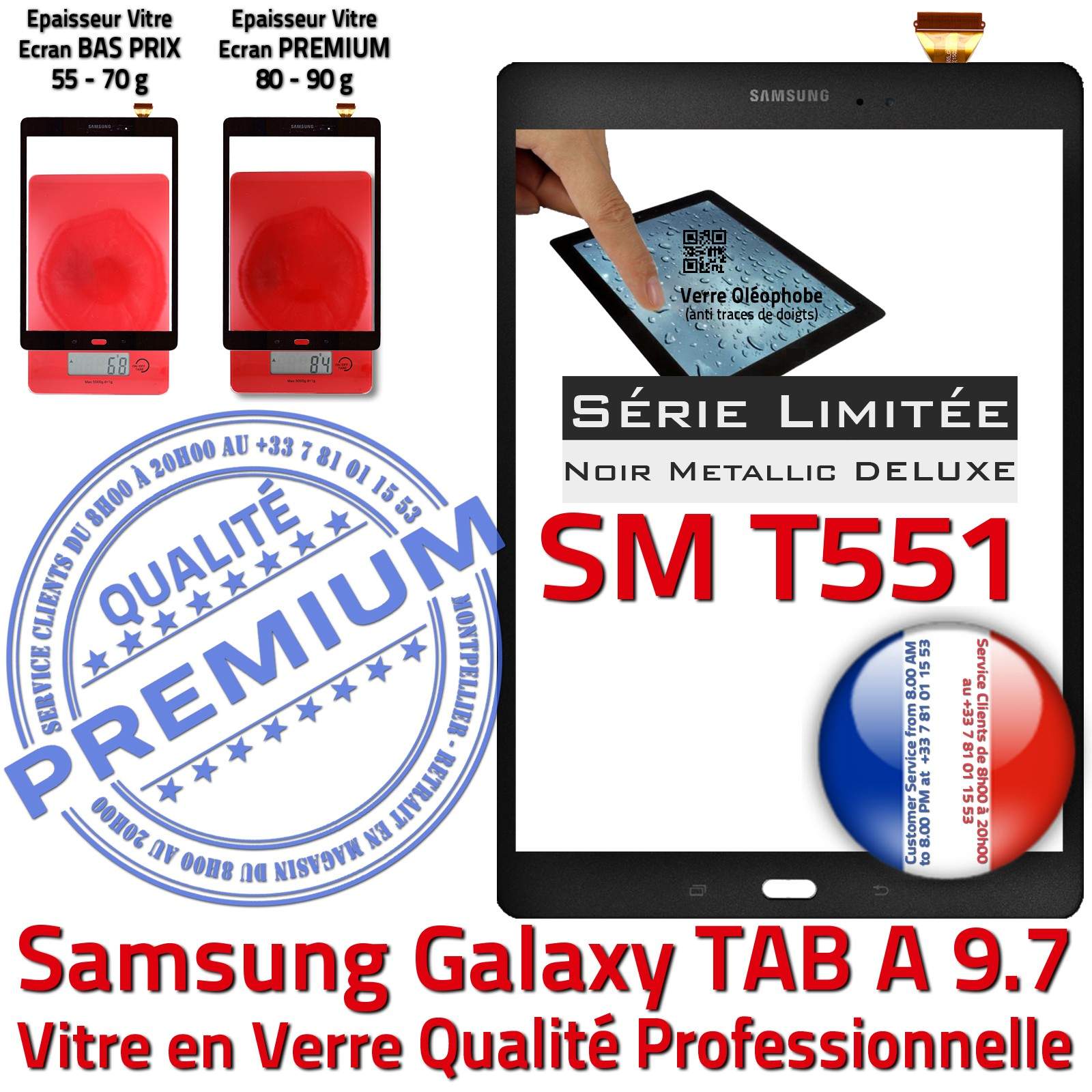 Ecran Noir Metallic Samsung SM T551 Galaxy TAB-A 9.7 Verre Qualité Supérieure PREMIUM Vitre Tactile Noire Assemblée Adhésif