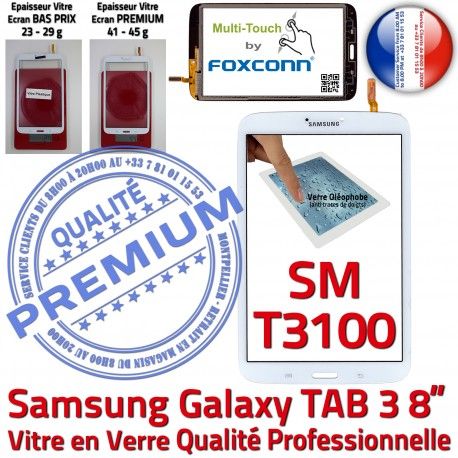 Galaxy SM-T3100 TAB3 Blanche PREMIUM 8 en Ecran Verre Coller Assemblée Prémonté pouce Tactile Samsung Qualité Supérieure à Vitre
