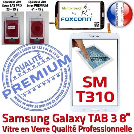 Galaxy TAB 3 SM-T310 Blanche Assemblée Prémonté Ecran à TAB3 Coller Samsung Verre T310 PREMIUM Vitre 8 SM Supérieure Tactile Qualité en