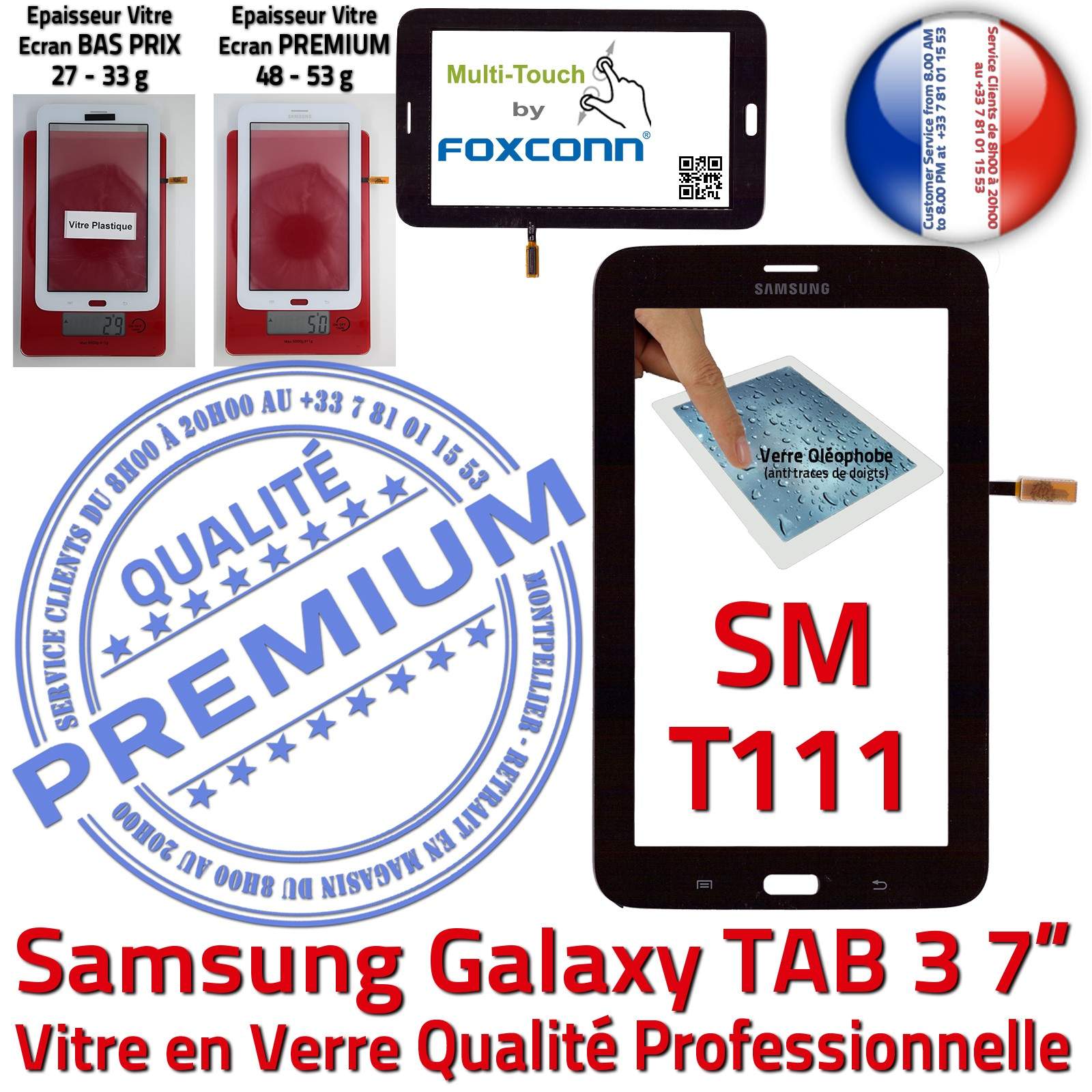 Samsung SM T111 Galaxy LITE TAB3 Vitre Tactile en Verre Noir Qualité Supérieure PREMIUM Assemblée Adhésif LCD Ecran Prémonté