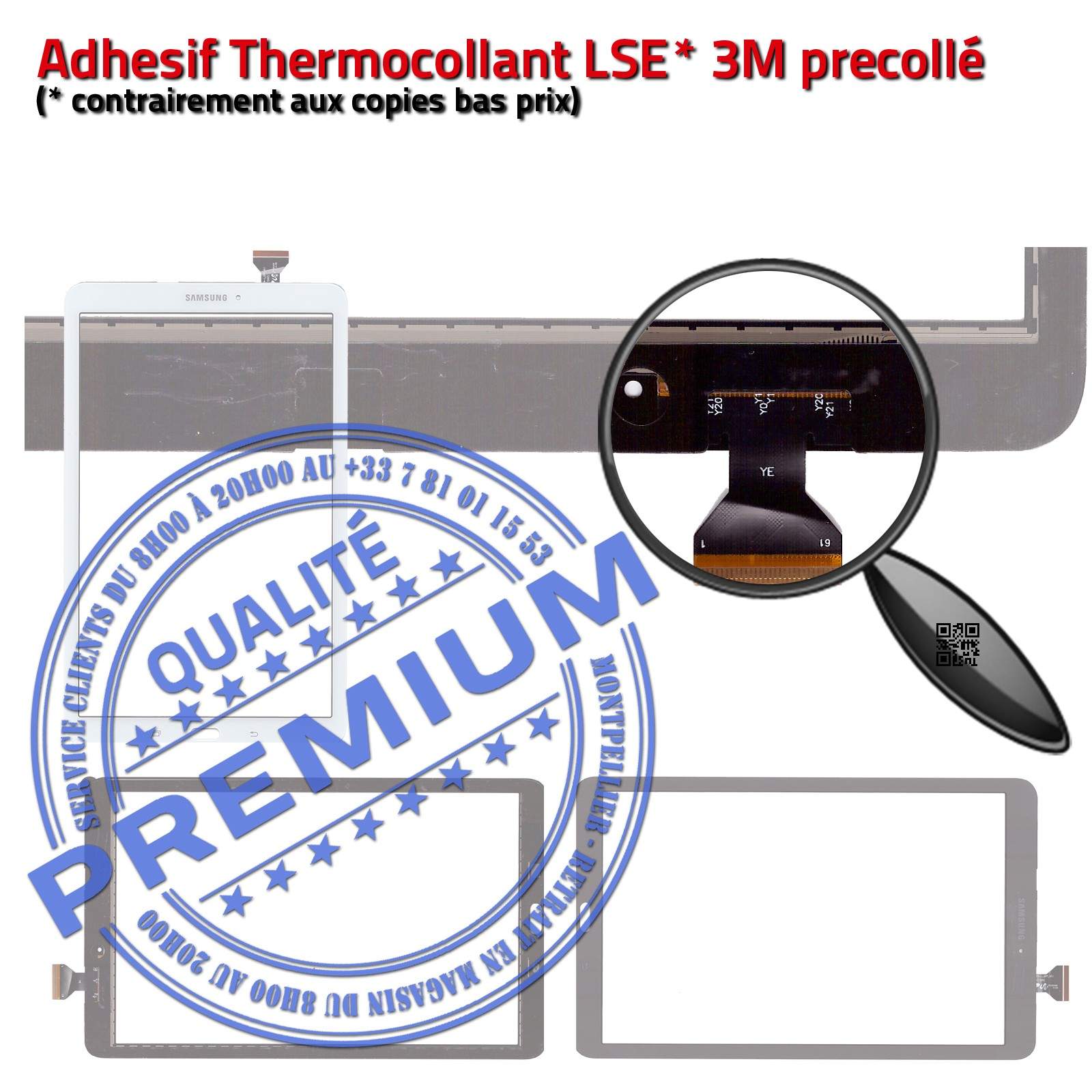 Ecran PREMIUM Blanc Adhésif Prémonté Samsung T563 TAB E Vitre Tactile Assemblée