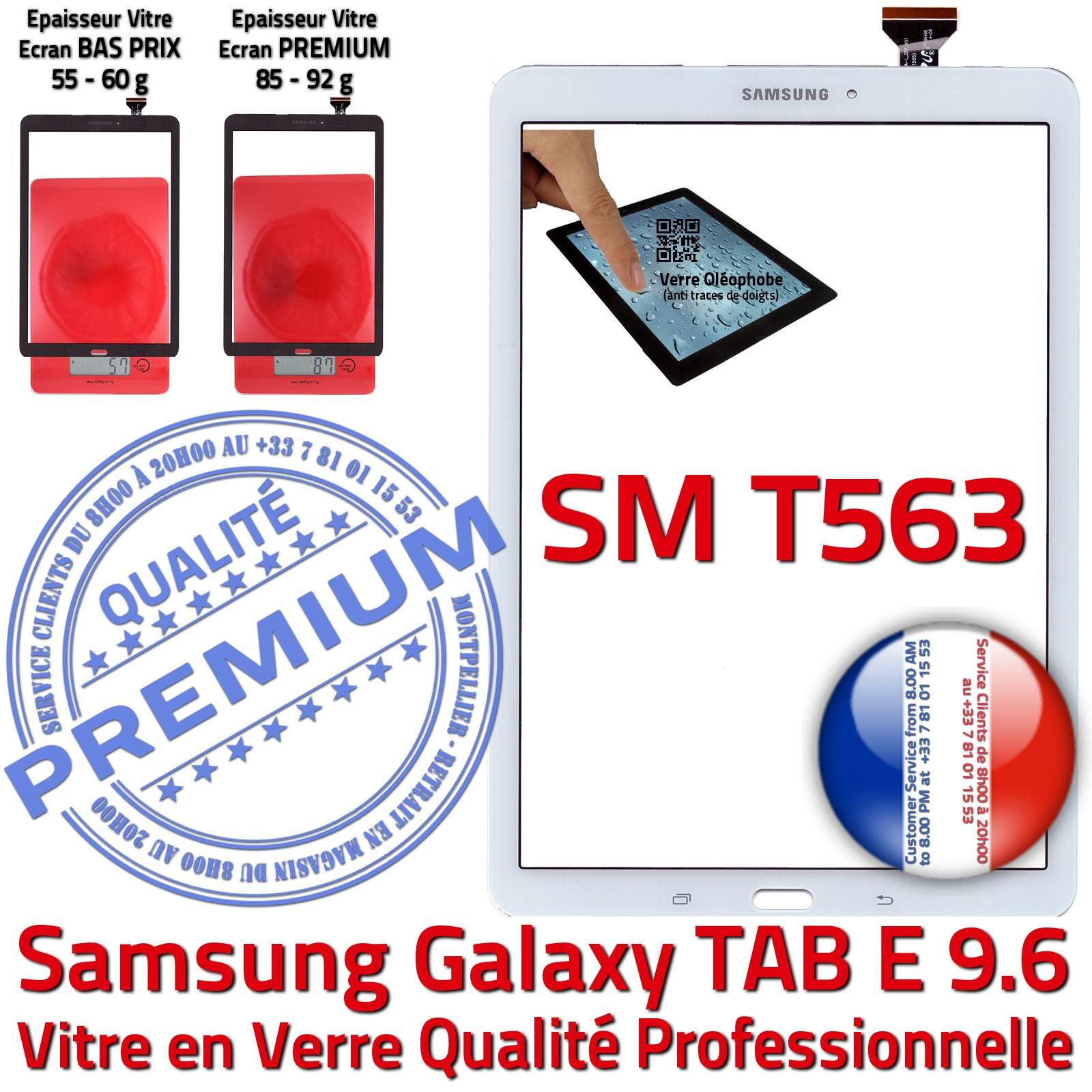 Ecran Blanc Samsung SM T563 Galaxy TAB-E 9.6 Verre Qualité Supérieure PREMIUM Vitre Tactile Blanche Assemblée Adhésif Prémonté