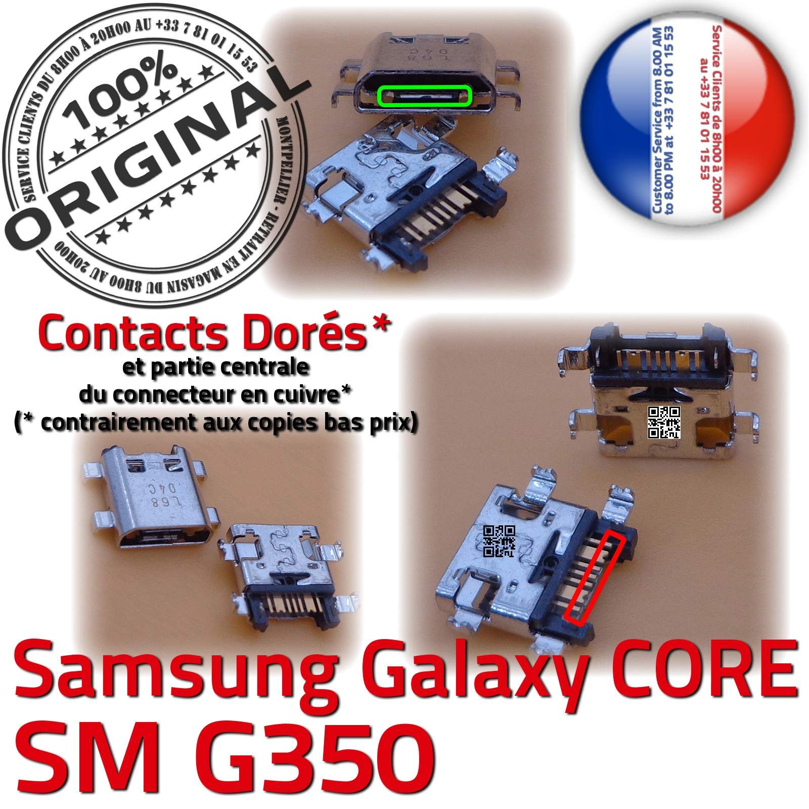 Samsung Galaxy Core Plus SM-G350 Prise de charge MicroUSB Qualité ORIGINAL à souder Pins Dorés Dock Fiche Connector Chargeur