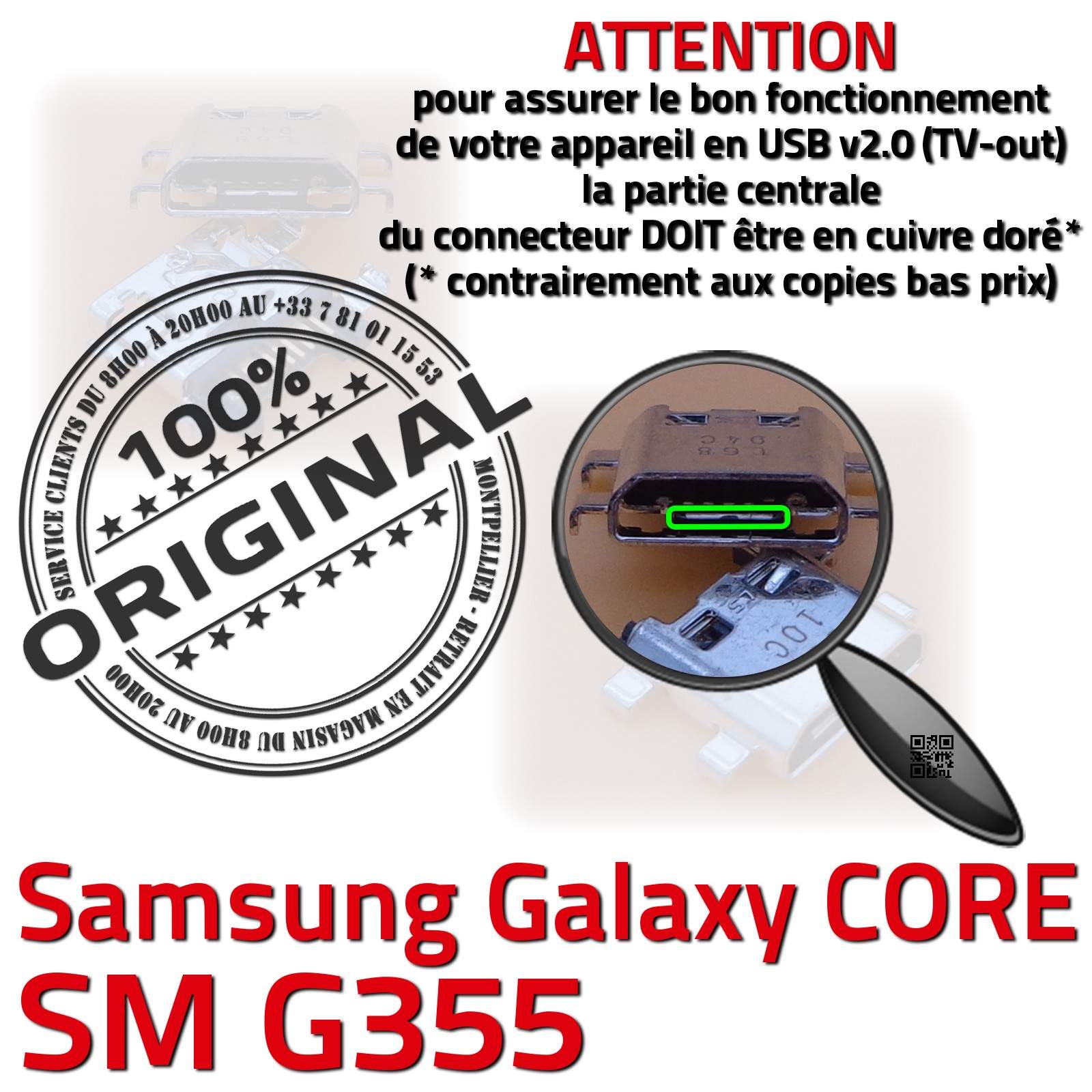 Changer Jack Connexion Câble Contacts Qualité Démontage Soudures Carte Mère Prise Chargeur Réparation Changement Connector Pins Dorés SAMSUNG Galaxy Core 2 SM-G355 Connecteur de Charge ORIGINAL à souder Smartphone SM G355 Remplacement PORT Micro USB