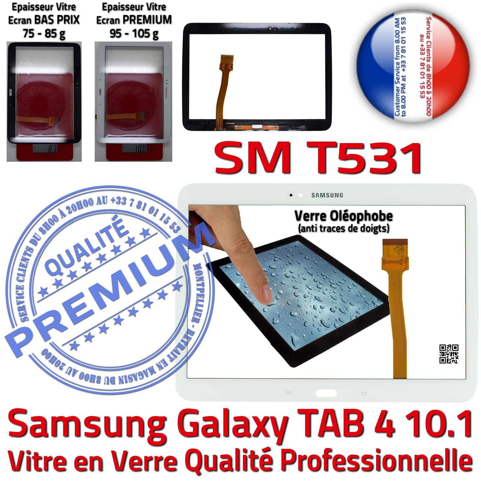 Samsung Galaxy TAB4 SM-T531 Écran Blanc Complet Verre Qualité Supérieure PREMIUM Prémonté Vitre Tactile Complète Blanche Adhésif