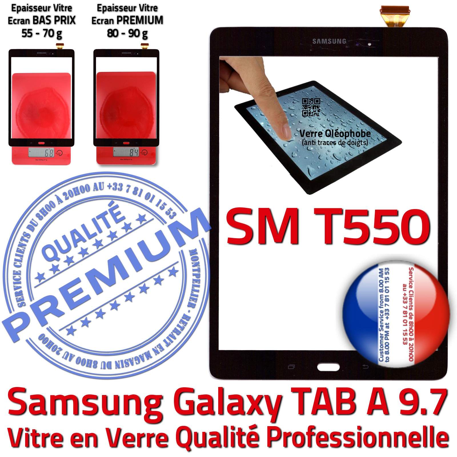 Samsung Galaxy TAB A SM-T550 Écran Complet Noir en Verre Qualité PREMIUM  Prémonté Vitre Tactile Noire Complète Assemblée Adhésif