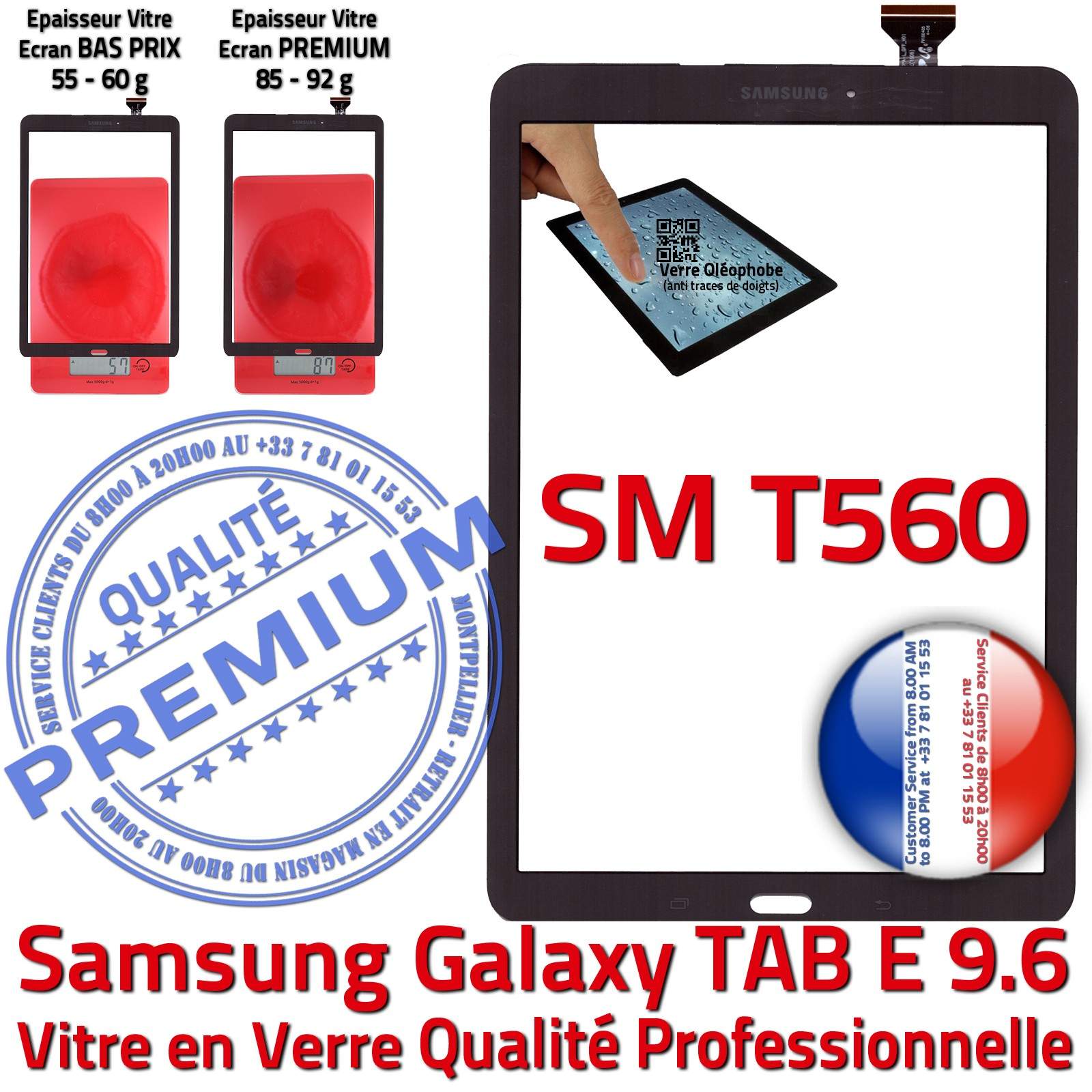 Vitre Tactile Noire Verre Samsung Galaxy TAB-E SM-T560 9.6 Assemblée Adhésif Ecran Noir Assemblé Qualité Supérieure PREMIUM