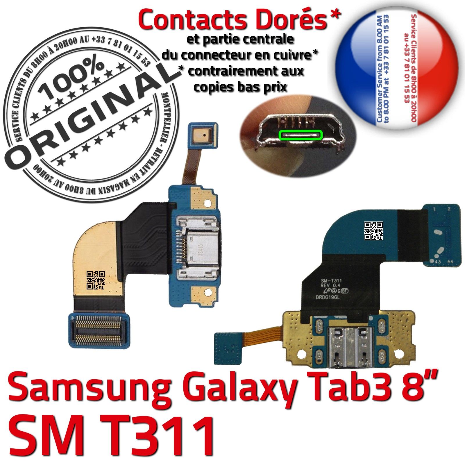 ORIGINAL Samsung Galaxy TAB3 SM-T311 Connecteur de Charge Chargeur MicroUSB Nappe OFFICIELLE Qualité Contacts Dorés Réparation