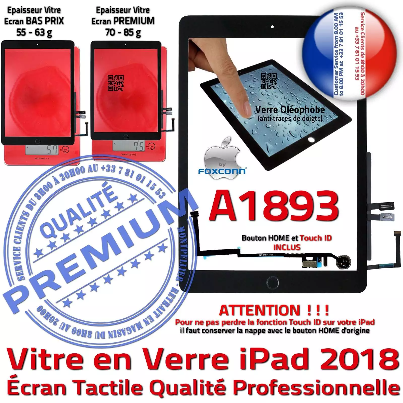 Vitre Tactile iPad 6 - A1893 Noir Adhésif Monté Ecran Qualité Verre Oléophobe Fixation Caméra Nappe HOME IC Réparation Tablette