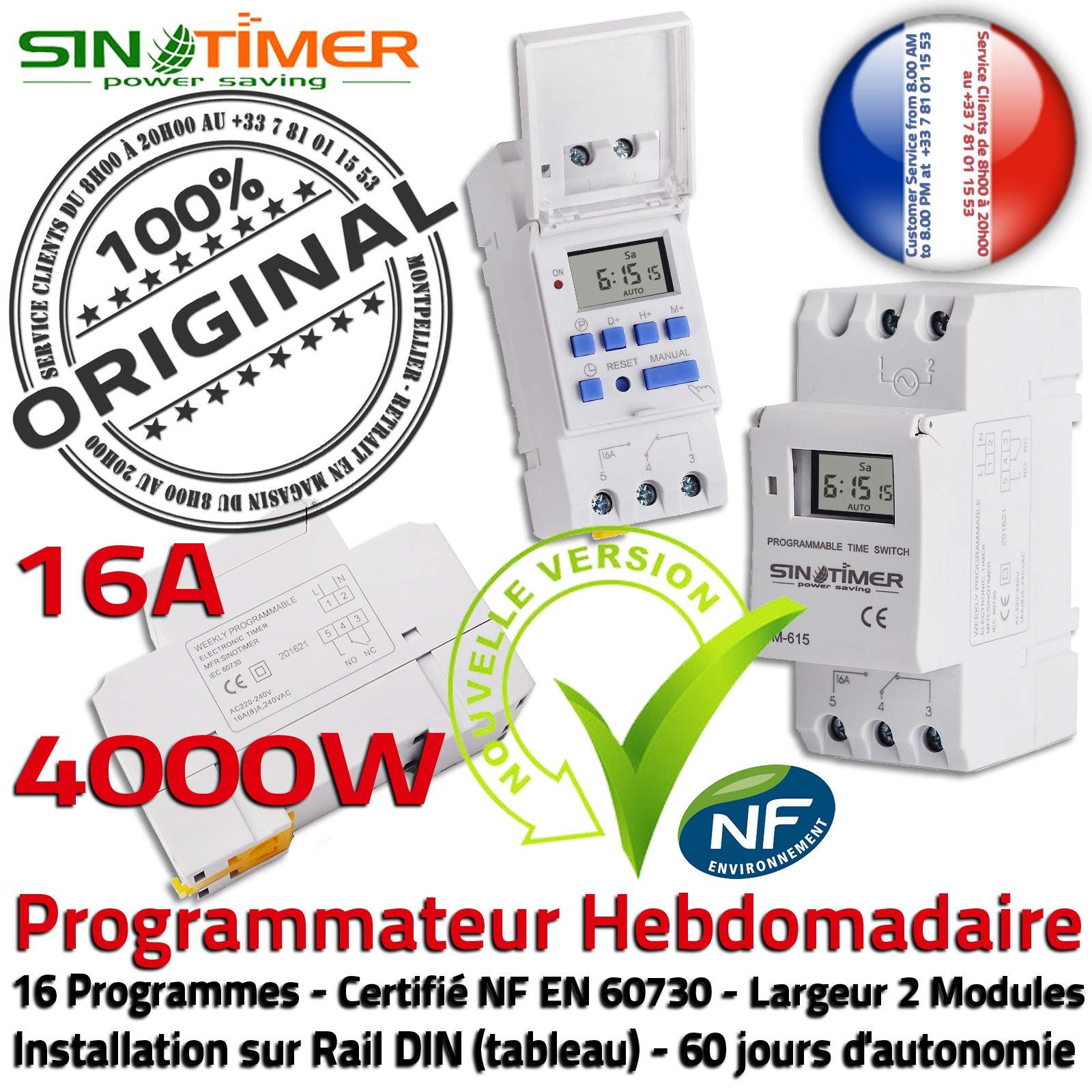 Contacteur Jour-Nuit Pompe Préchauffage Heure Creuses Rail DIN 16A 4000W Automatique 4kW Programmateur Electronique Hebdomadaire