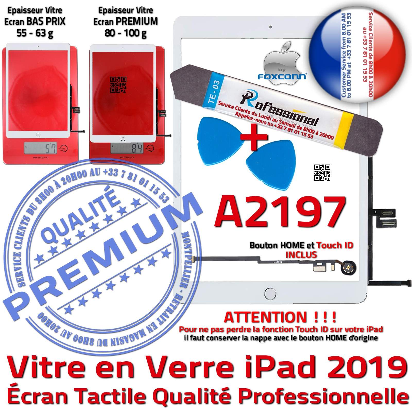 KIT Réparation iPad 2019 A2197 Vitre Tactile Blanche PREMIUM Qualité Verre Oléophobe Adhésif Precollé Bouton Nappe HOME Outils