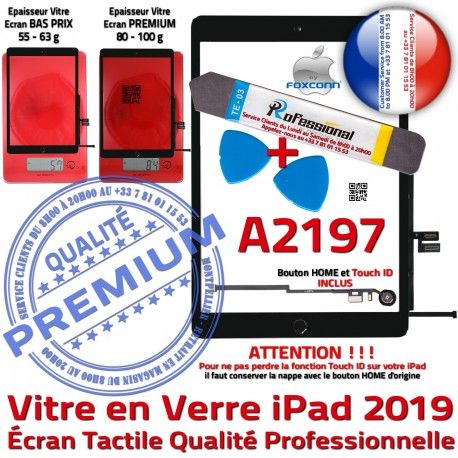 PACK iPad 2019 A2197 N PREMIUM Noire HOME Tactile Adhésif Oléophobe Bouton Réparation Verre KIT Qualité Vitre Precollé Outils Démontage