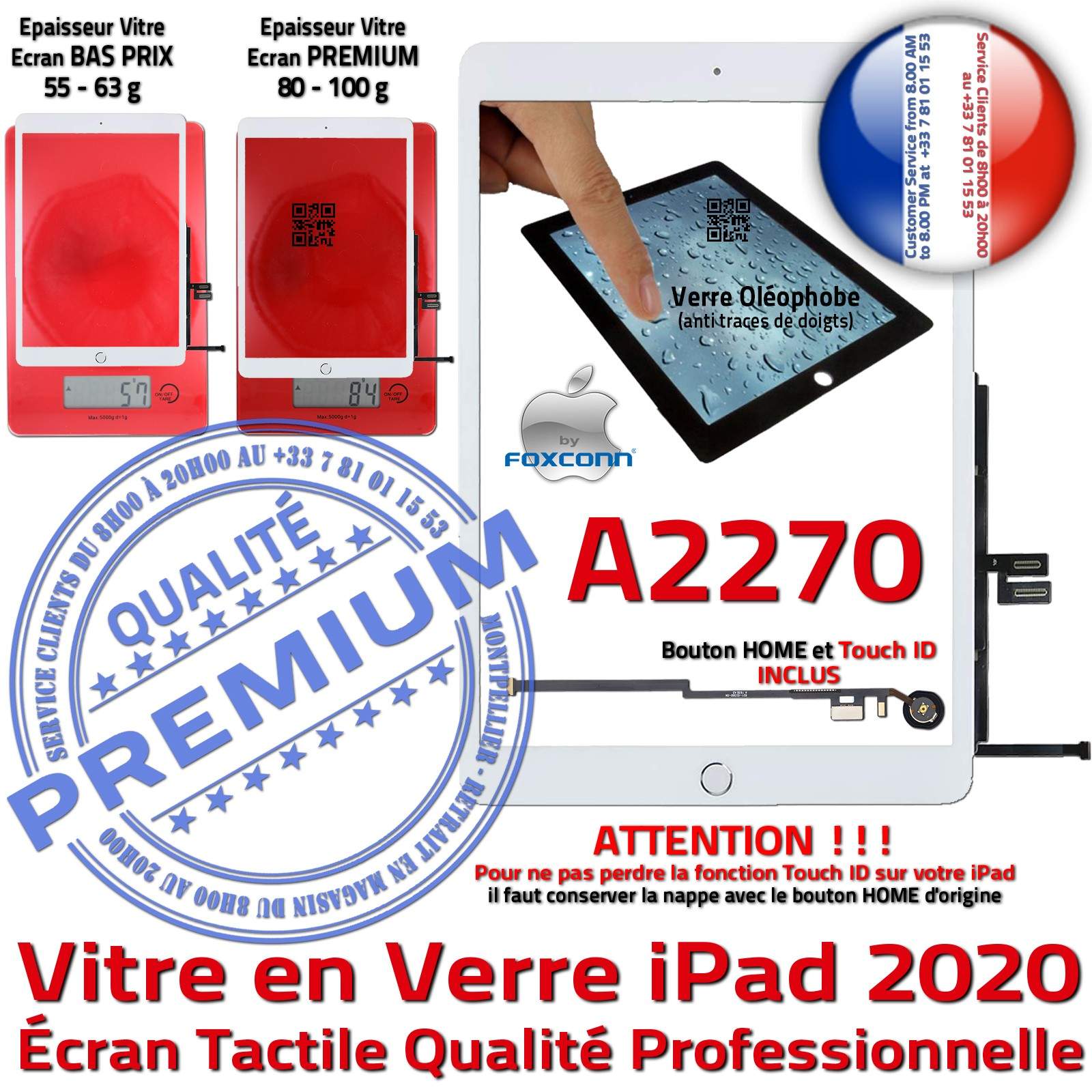 Vitre Tactile iPad 2020 A2270 Blanc Adhésif Monté Ecran Qualité Verre Oléophobe Fixation Caméra Nappe HOME Réparation Tablette