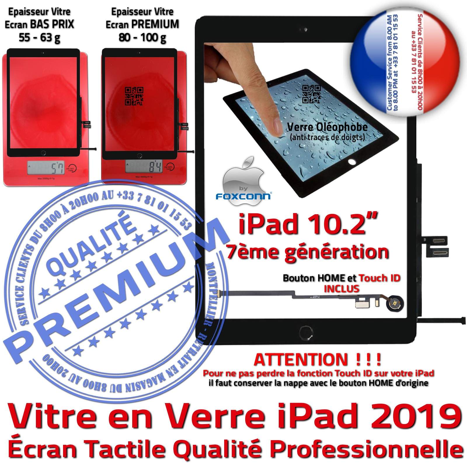 iPad 2019 Noir Vitre Tactile PREMIUM Adhésif Precollé Remplacement Ecran Qualité Verre Oléophobe Fixation Caméra Bouton HOME A++