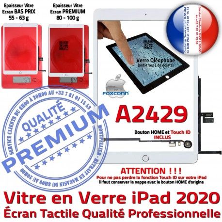 iPad 2020 A2429 Blanc Verre Oléophobe Vitre Réparation Qualité Fixation Monté Tablette Adhésif Ecran Caméra HOME Tactile Nappe