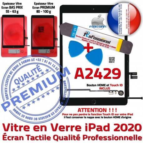 PACK iPad 2020 A2429 N Adhésif Vitre Oléophobe Precollé Verre Démontage Outils Noire HOME Bouton KIT Réparation Qualité Tactile PREMIUM