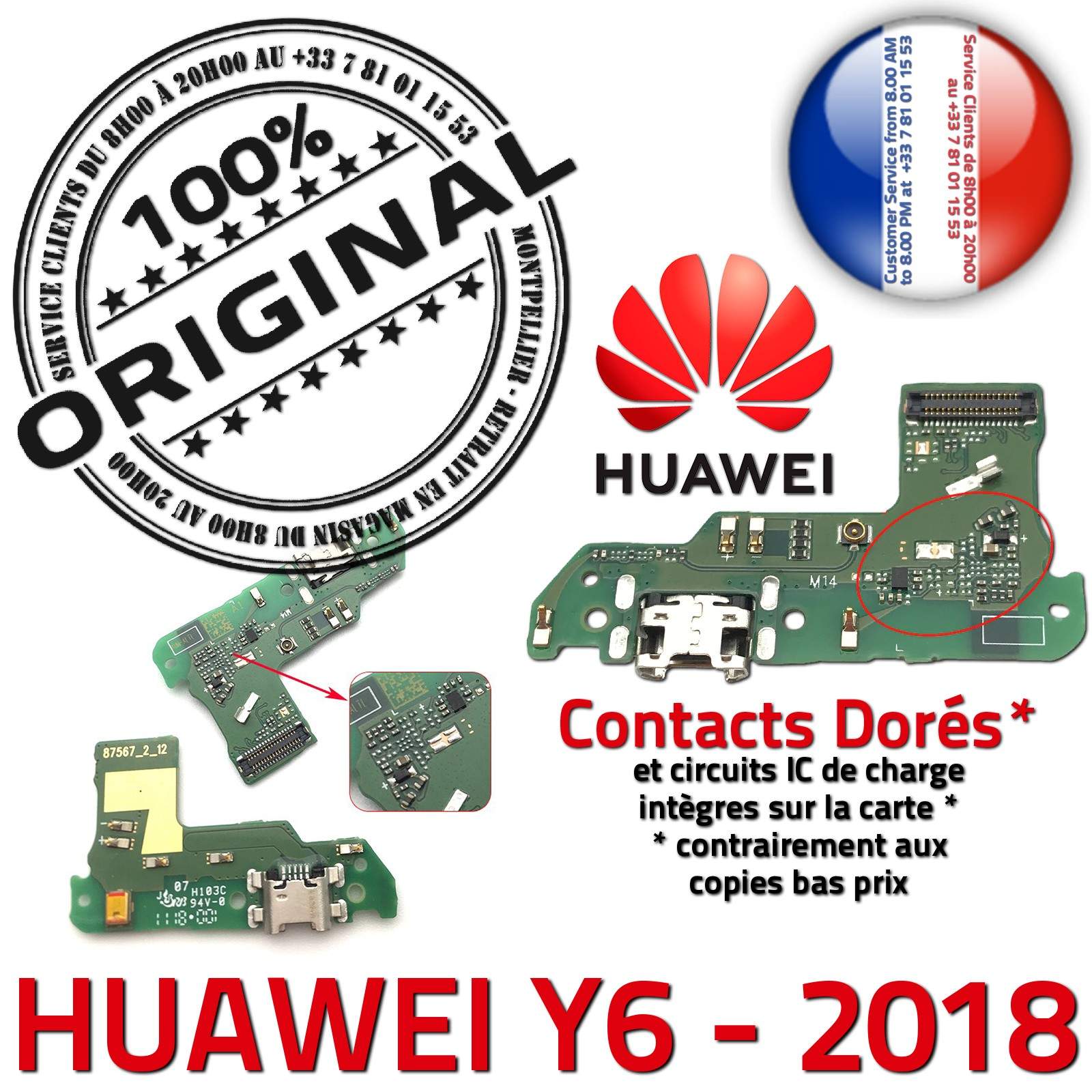 Huawei Y6 2018 Connecteur de Charge ORIGINAL Prise Chargeur PORT Micro USB Nappe Qualité Microphone Antenne RESEAU Câble JACK