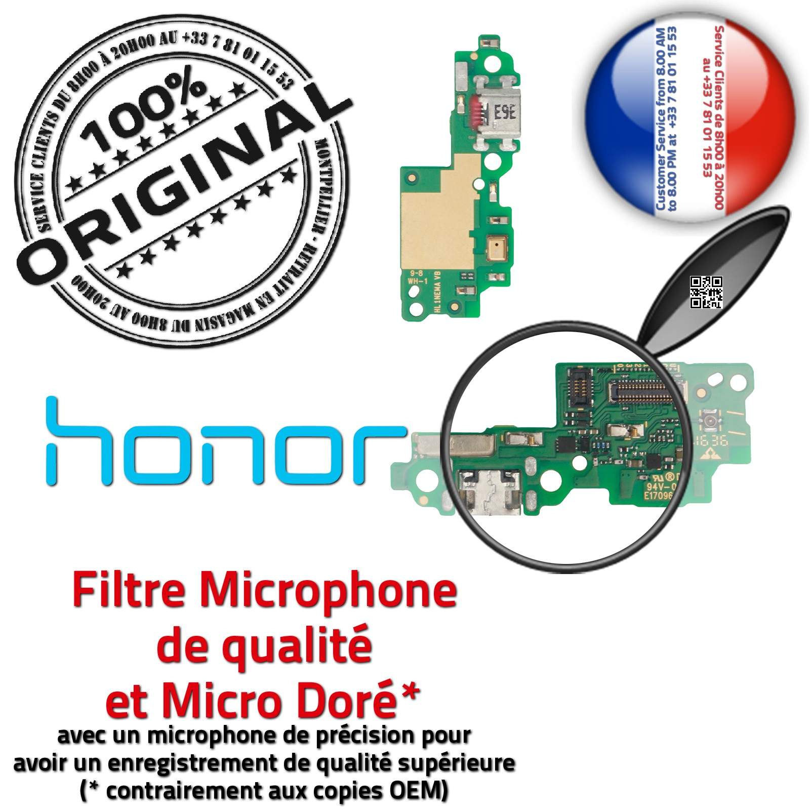 Honor 8 JACK Casque Audio Chargeur Micro USB Type-C ORIGINAL Téléphone PORT  Prise Câble Nappe Charge Qualité Microphone Antenne