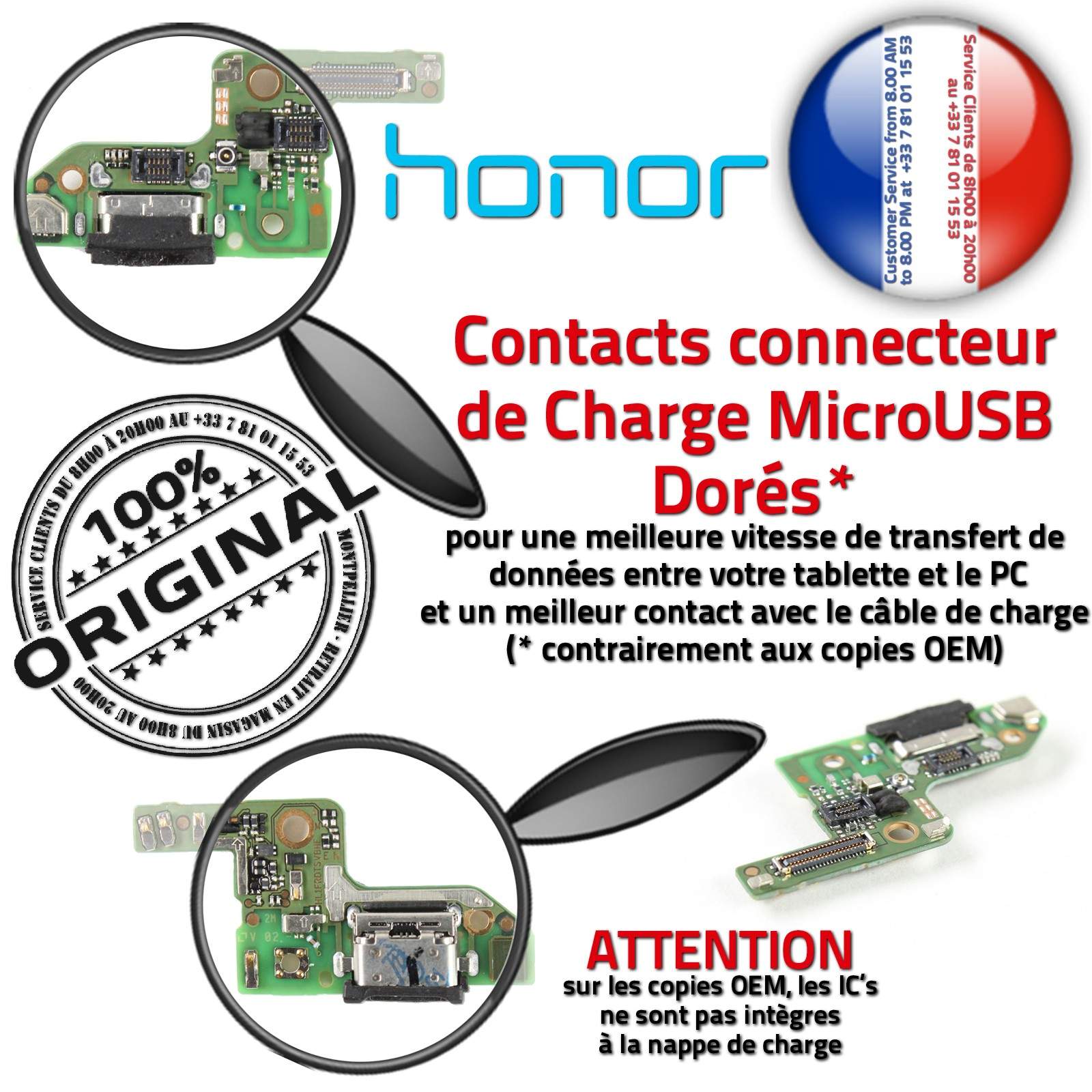 Honor 8 Remplacement Écouteurs Nappe Qualité Microphone Téléphone Type-C Sonde Température Hygrométrie Filtre Connecteur de Charge Rapide ORIGINAL Réparation Chargeur Micro USB d'origine Changer Câble Prise Alimentation PORT Réseau Antenne SMA JACK