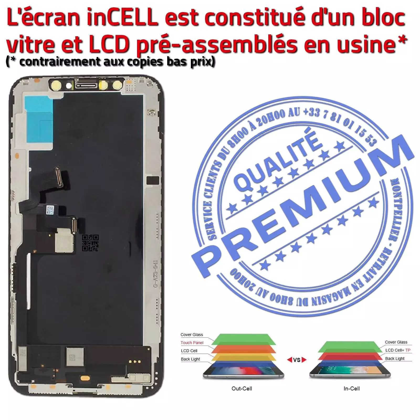 Écran inCELL Réparation Apple iPhone XS iTruColor PREMIUM SmartPhone 3D Touch LCD Cristaux Liquides HD Super Retina 5,8 inch