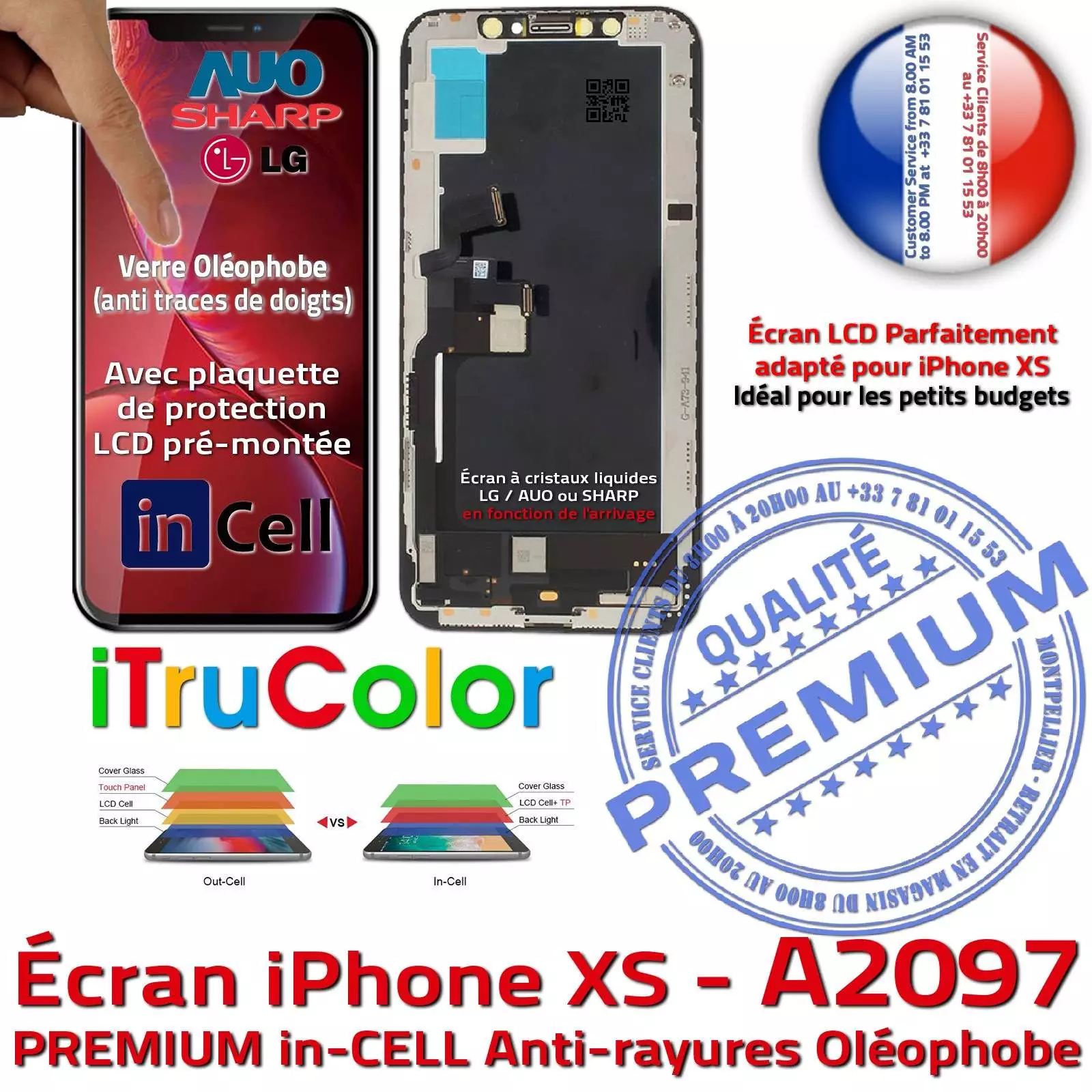 Verre Multi-Touch inCELL iPhone XS A2097 Apple LCD PREMIUM SmartPhone Touch Remplacement Écran Cristaux Liquides iTruColor