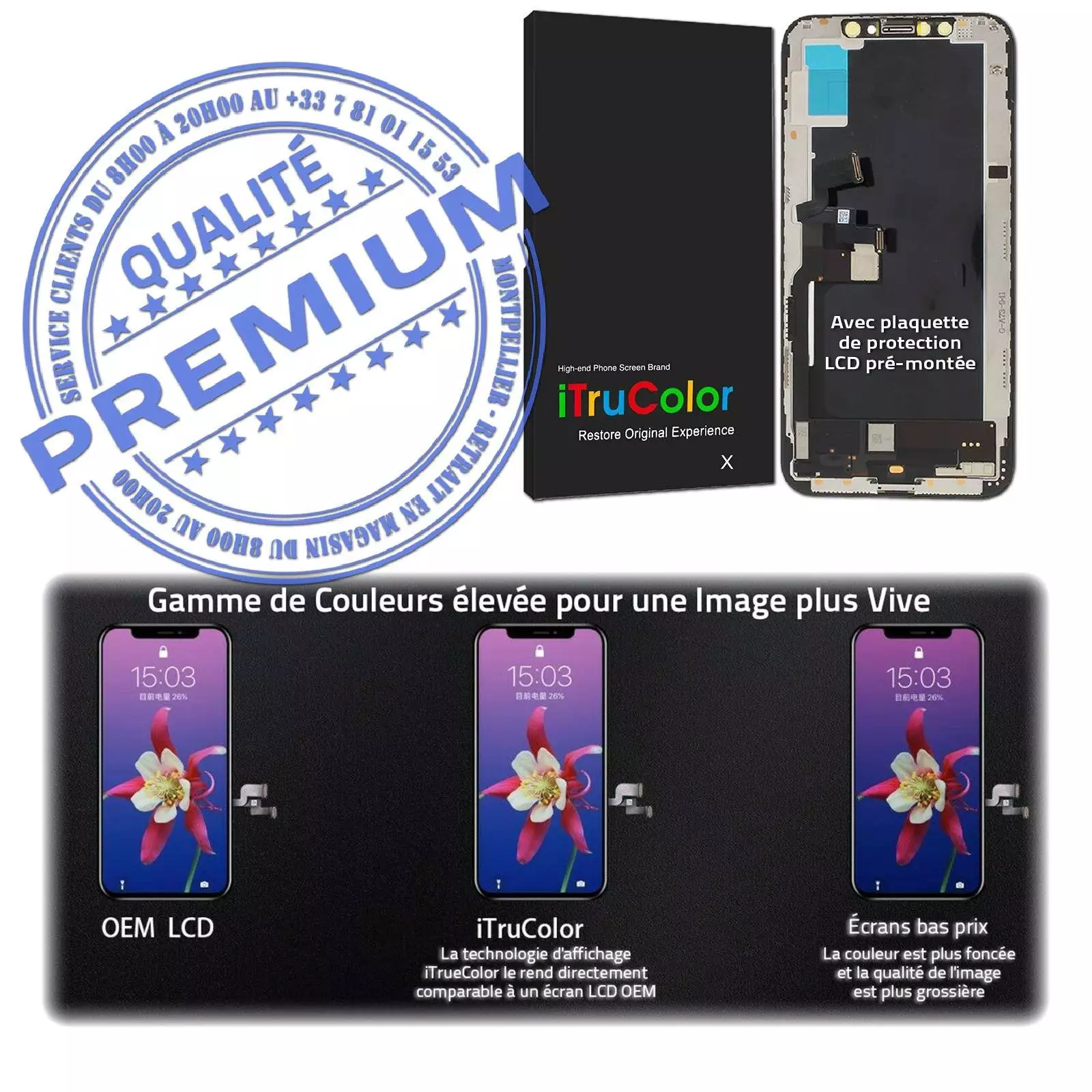 SmartPhone Affichage Changer Écran Complet Assemblé HDR Oléophobe PREMIUM In-CELL LCD Noir A2098 A2099 Réparation Verre Tactile iPhone XS inCELL sur Châssis Apple A1920 A2097 Vitre Retina 5.8 inch LG AUO Sharp Touch HD Anti-rayures KIT Qualité Téléphone