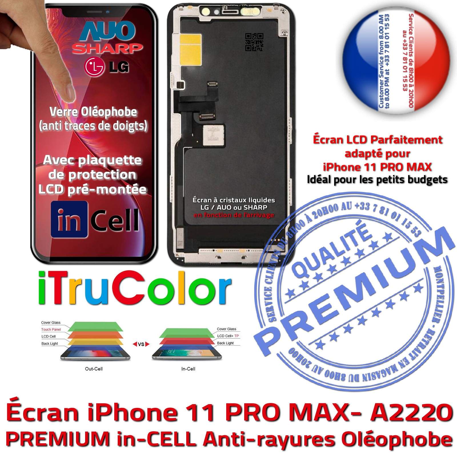 Écran inCELL Réparation Apple iPhone A2220 iTruColor PREMIUM SmartPhone 3D Touch LCD Cristaux Liquides HD Retina 6,5 in