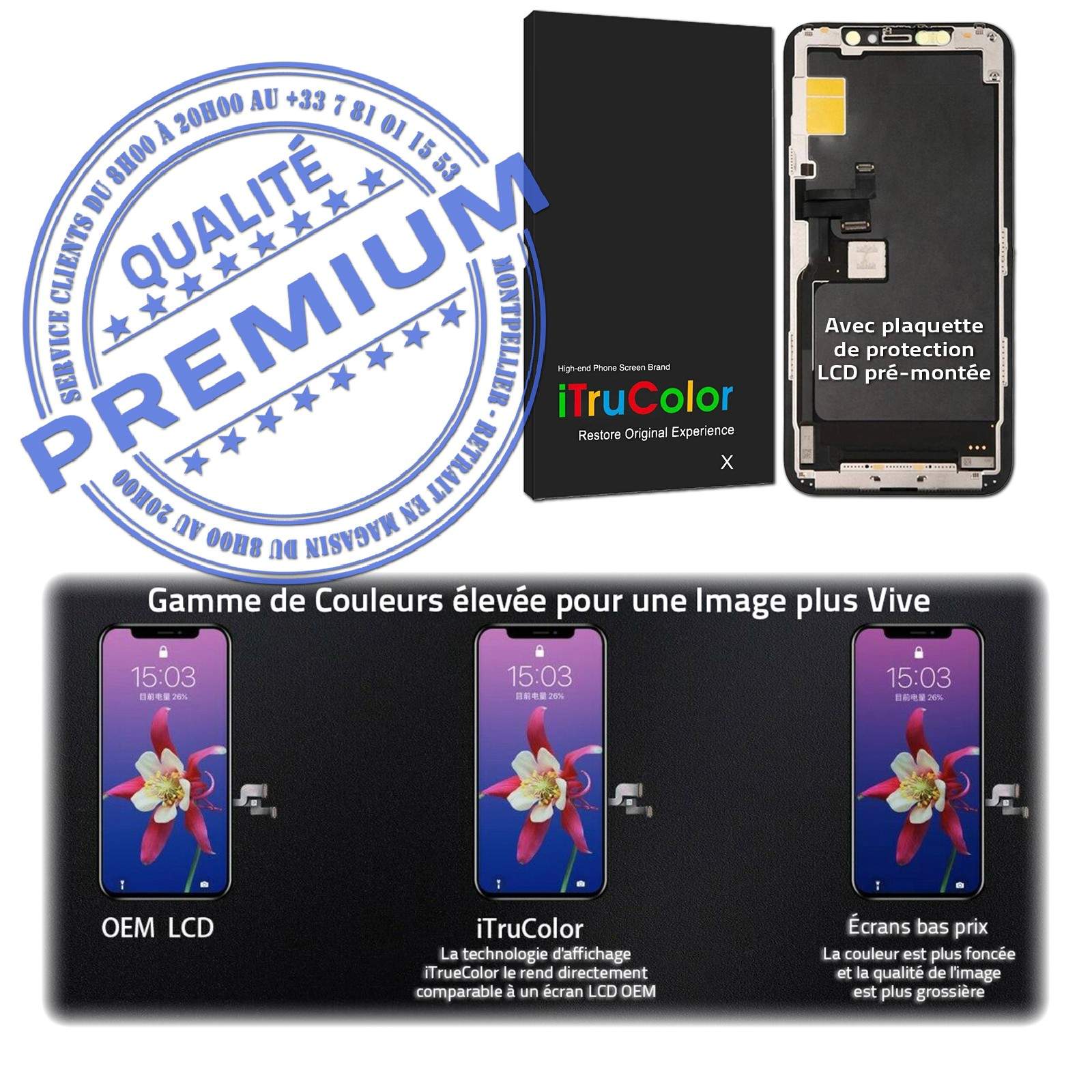 LG AUO Sharp Remplacement Changer Écran Complet Assemblé In-CELL LCD Noir A2161 A2218 A2220 Qualité PREMIUM Touch HD Anti-rayures Réparation Verre Tactile iPhone 11 PRO MAX inCELL sur Châssis Apple SmartPhone Affichage True Tone Vitre Retina 6.5 inch