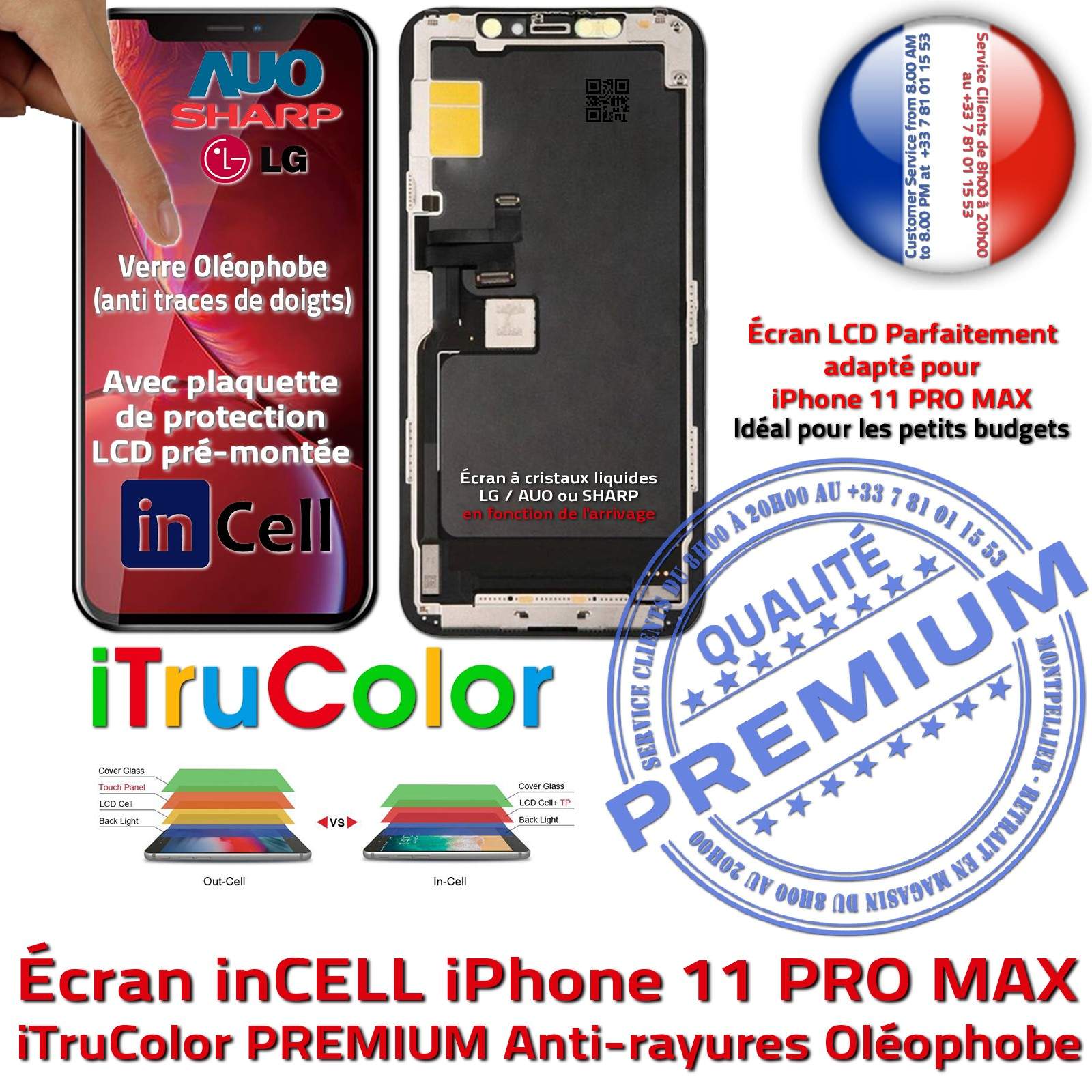 Écran inCELL Apple iPhone 11 PRO MAX PREMIUM Super Retina 6,5 pouces Vitre SmartPhone Affichage True Tone LCD Cristaux Liquides