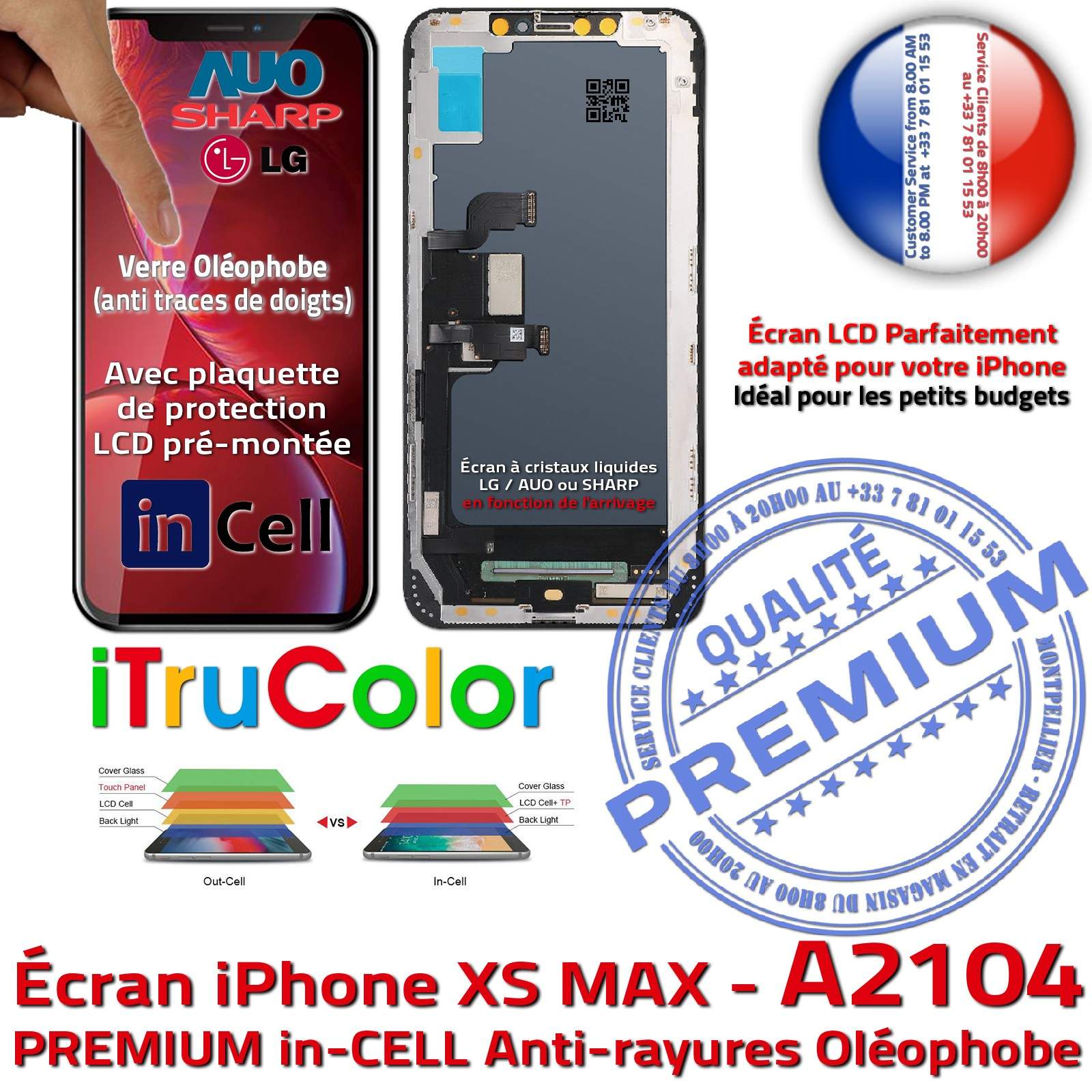 Verre Tactile Écran Complet iPhone XS MAX A2104 inCELL Qualité PREMIUM Réparation SmartPhone Affichage True Tone LCD Retina 6,5 