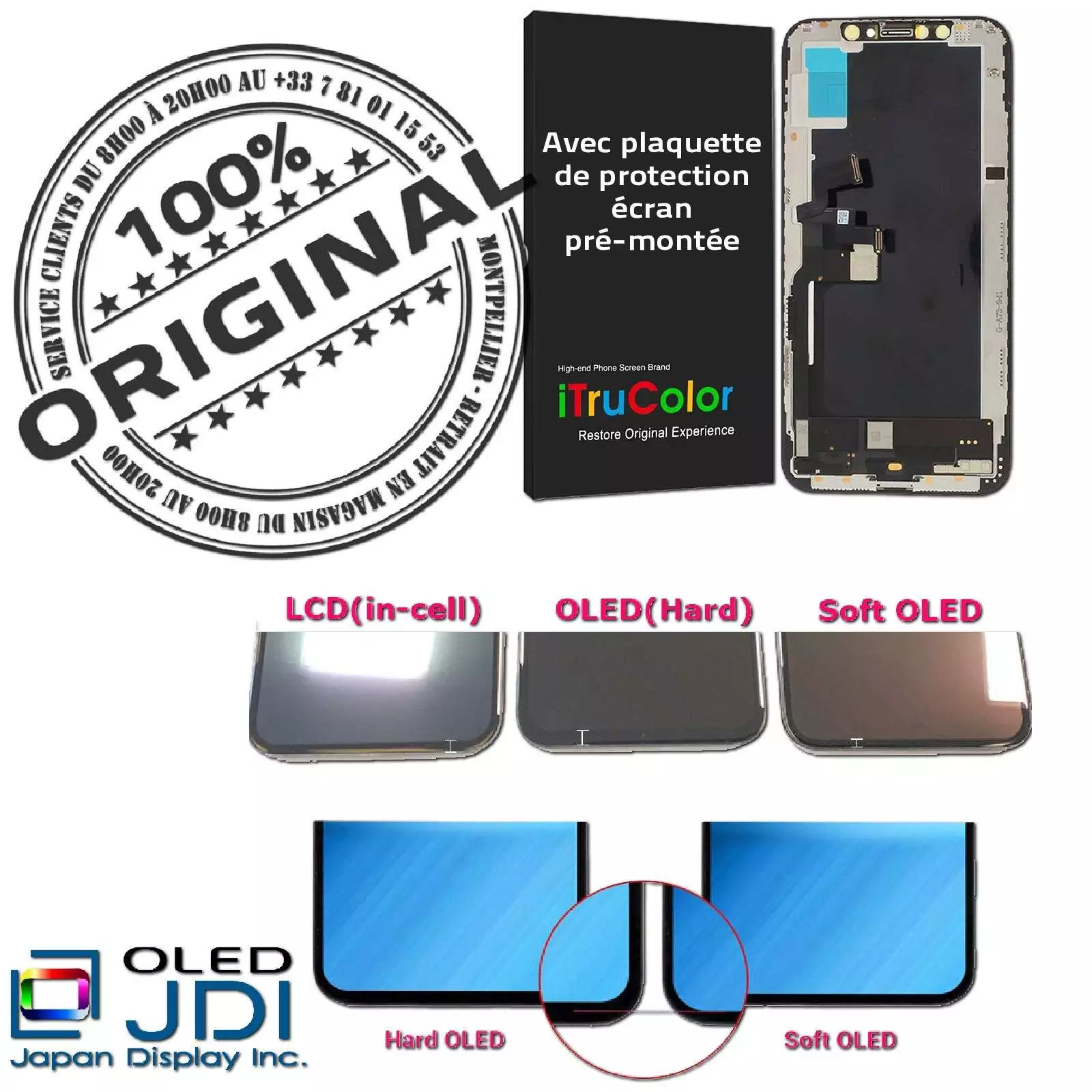 LG KIT Remplacement Téléphone Changer Écran soft OLED Complet Assemblé Affichage Anti-rayures Réparation Tactile iPhone XS sur Châssis Apple A1920 A2097 JDI Japan Display Inc. Verre Oléophobe ORIGINAL A2098 A2099 A2100 Vitre Super Retina 5.8 pouces inch