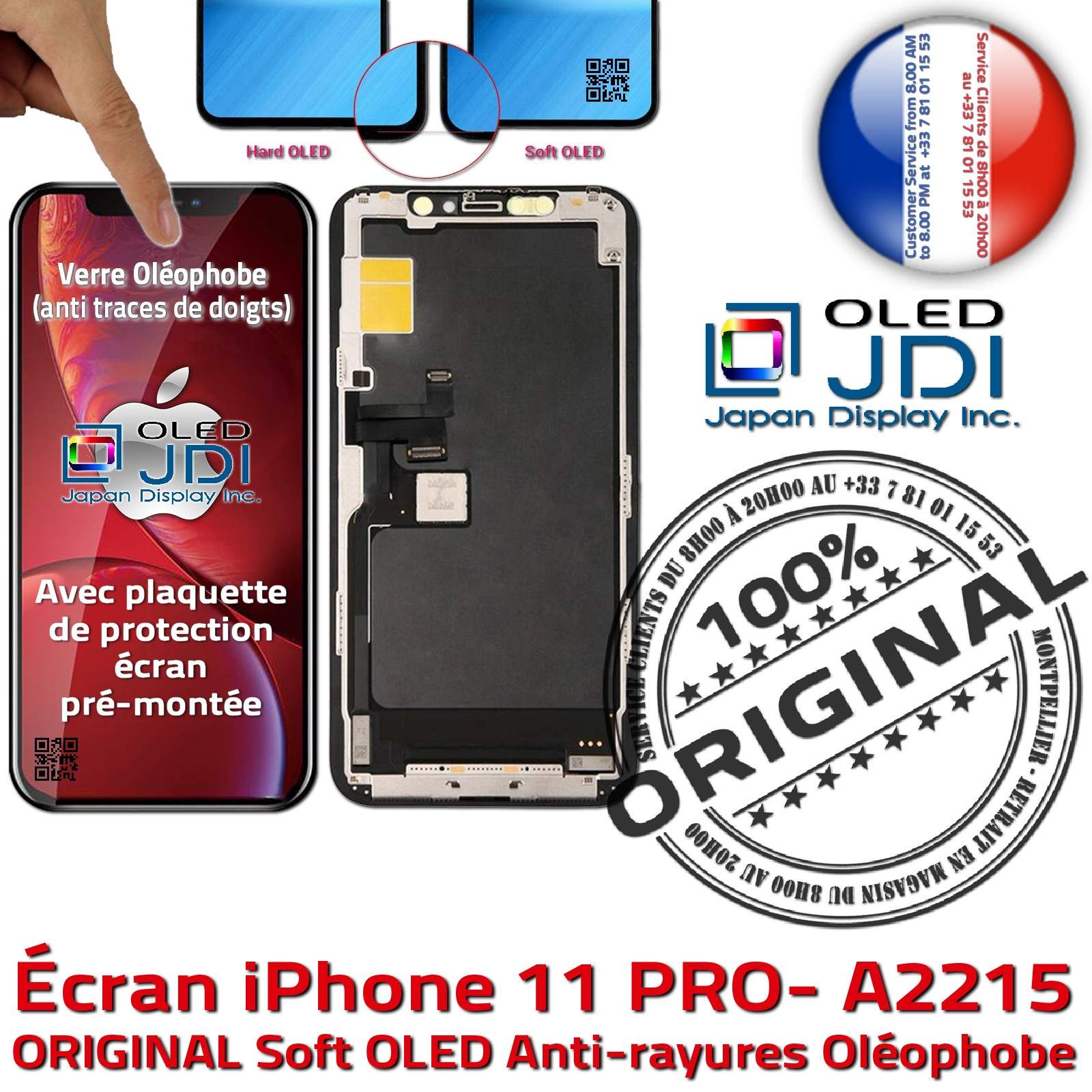 Verre Tactile iPhone 11 PRO A2215 soft OLED iTruColor ORIGINAL Écran Verre Multi-Touch SmartPhone Affichage True Tone HDR Oléop