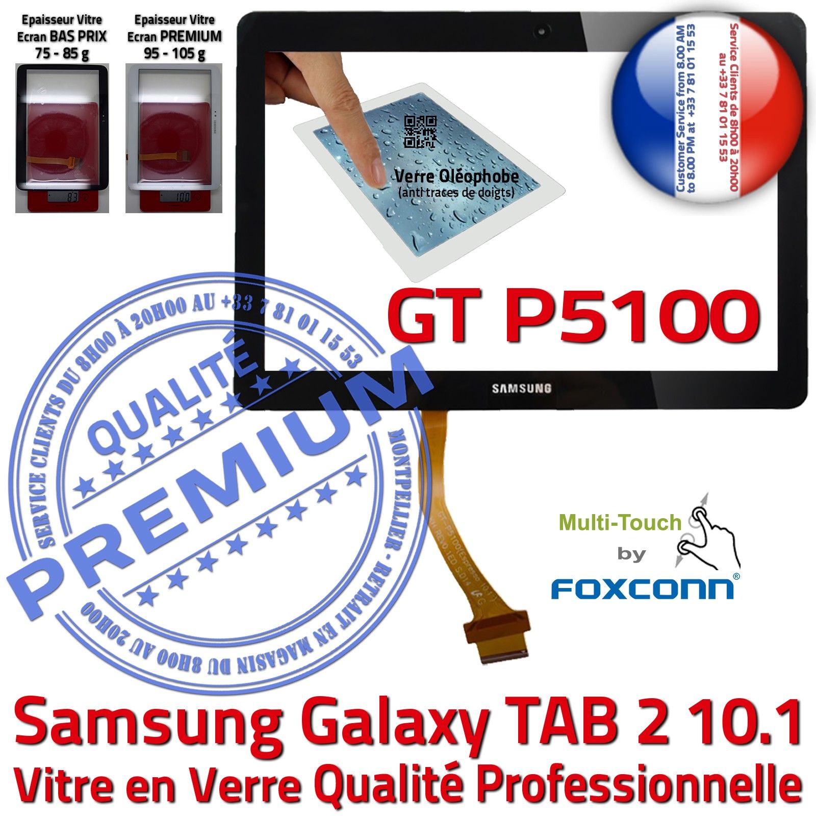 Ecran Noir Samsung GT P5100 Galaxy TAB-2 10.1 en Verre Qualité Supérieure PREMIUM Vitre Tactile Noire Résistante aux Chocs