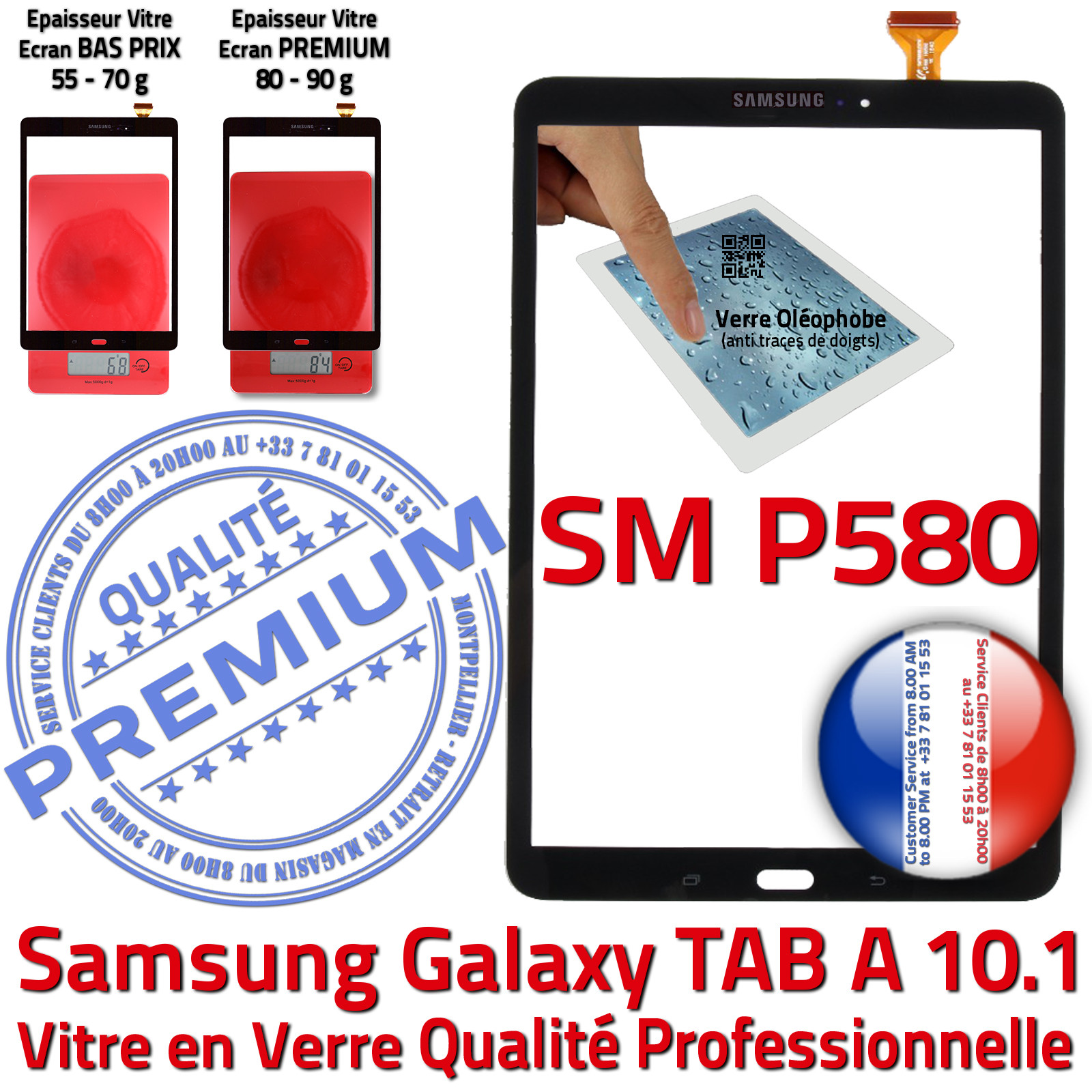 Ecran Noir Samsung SM P580 Galaxy TAB-A 10.1 en Verre Qualité Supérieure PREMIUM Vitre Tactile Noire Résistante aux Chocs