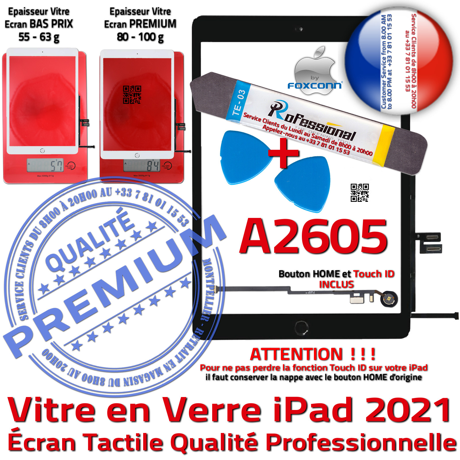 KIT Réparation iPad 2021 A2605 Vitre Tactile Noire PREMIUM Qualité Verre Oléophobe Adhésif Precollé Bouton Nappe HOME Outils