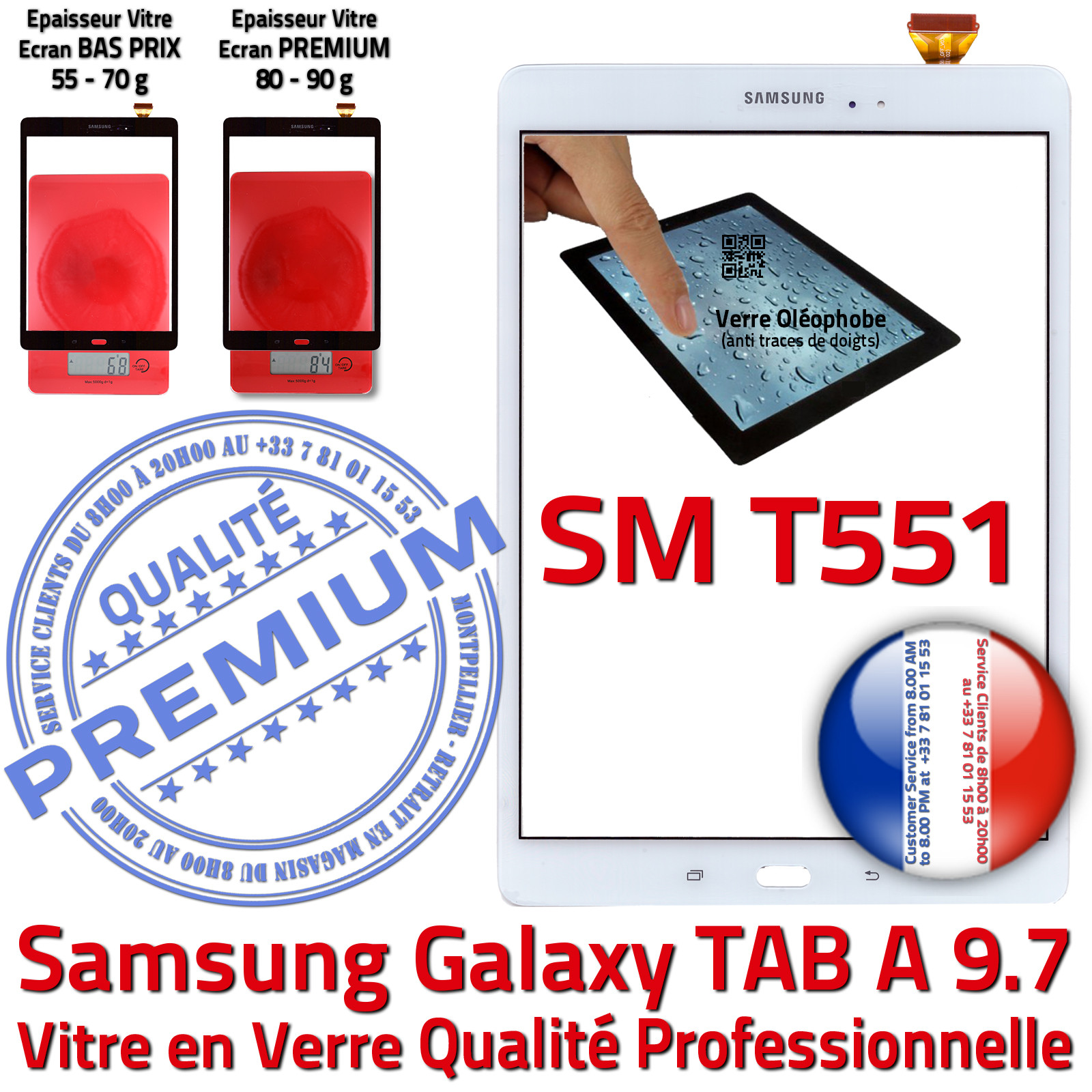 Vitre Tactile Blanche Verre Samsung Galaxy TAB-A SM-T551 9.7 Assemblée Adhésif Ecran Blanc Assemblé Qualité Supérieure PREMIUM