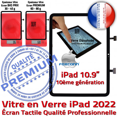 iPad A2696 A2757 A2777 Noir Écran Vitre 10éme 2022 gén Prémonté Oléophobe Adhésif Qualité PREMIUM Remplacement Precollé Verre Professionnelle Tactile