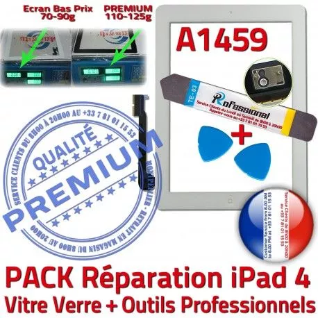 PACK iPad4 A1459 B Vitre iPad Qualité 4 Bouton Adhésif Precollé HOME PREMIUM Verre Tactile Réparation Oléophobe KIT Outils Démontage Blanche