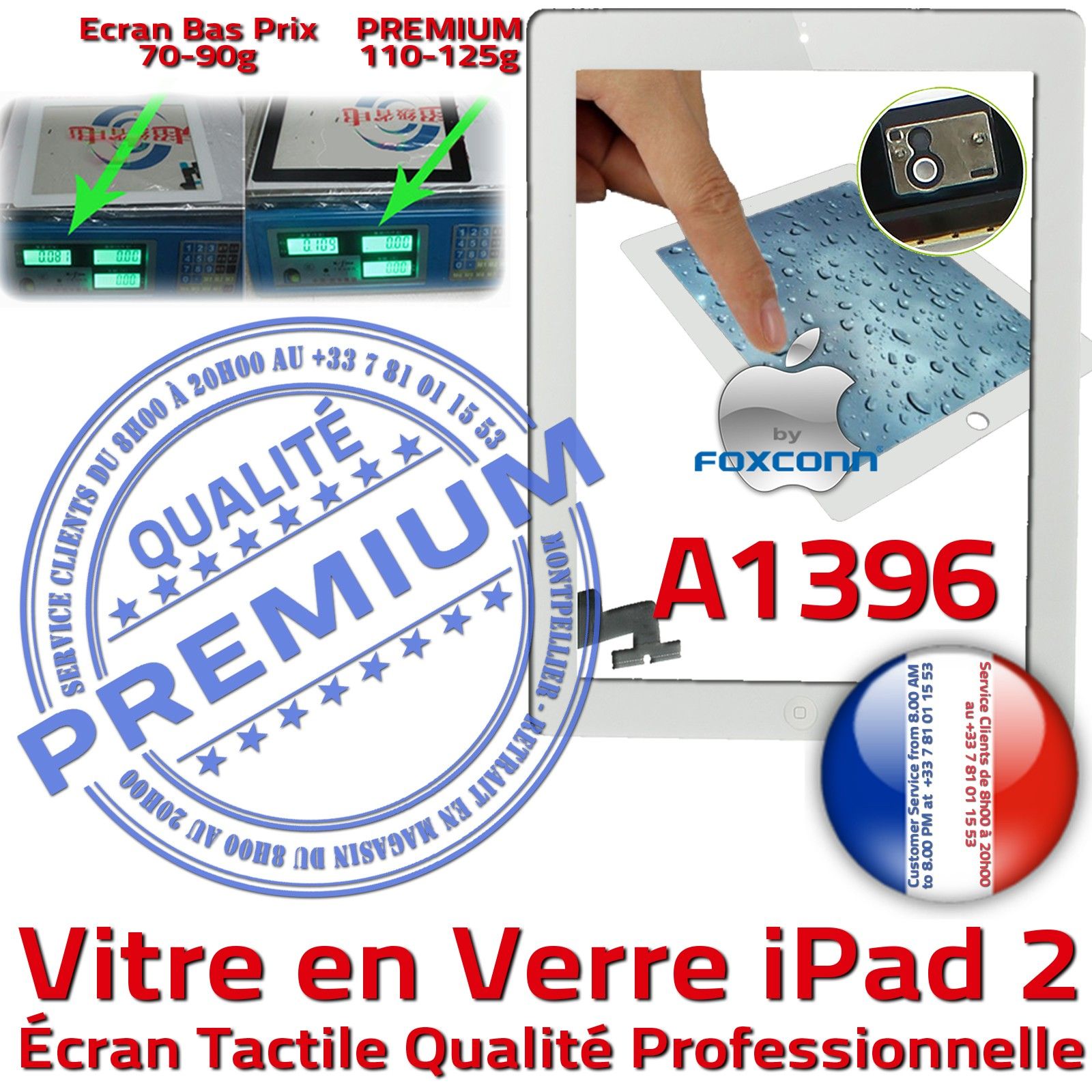 Vitre Tactile iPad 2 A1396 Blanc PREMIUM Adhésif Precollé Remplacement Ecran Qualité Verre Oléophobe Fixation Caméra Bouton HOME