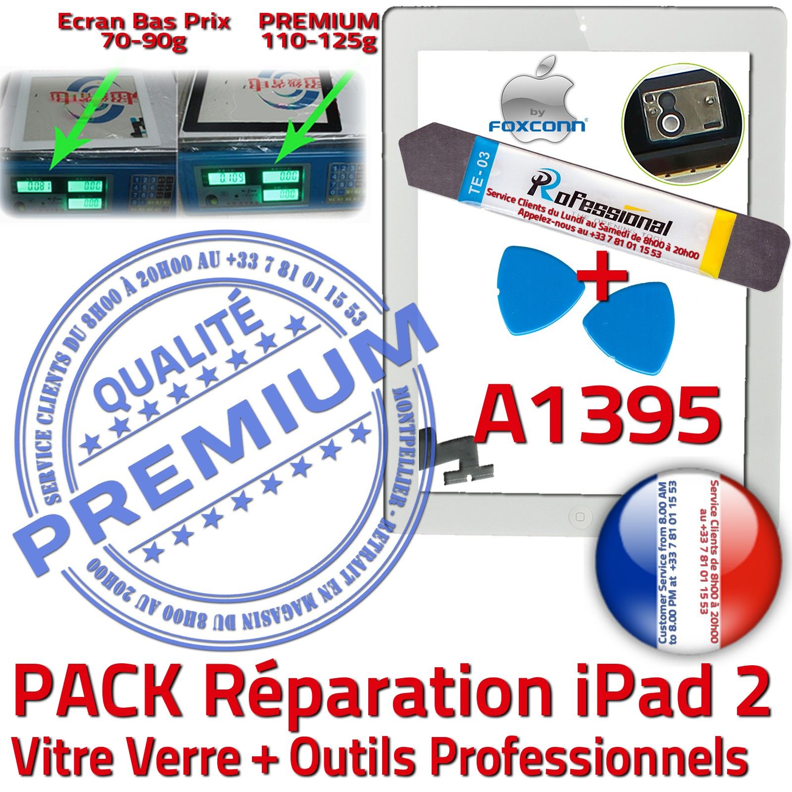 KIT Réparation iPad 2 A1395 Vitre Tactile Blanche PREMIUM Qualité Verre Oléophobe Adhésif Precollé Bouton HOME Outils Démontage