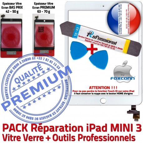 PACK iPad Mini A1599 A1600 B Tactile Tablette Verre PREMIUM Adhésif Outil Attention Vitre Complet Qualité KIT Blanche Démontage TouchID Réparation MINI3