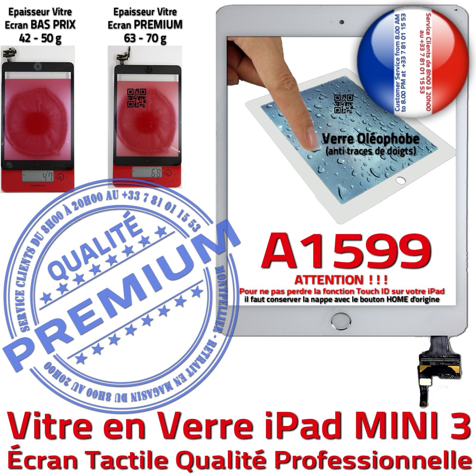 iPad A1599 Ecran Blanc Vitre Tactile PREMIUM Adhésif Verre Oléophobe Fixation Caméra Filtre Nappe Bouton Réparation Tablette