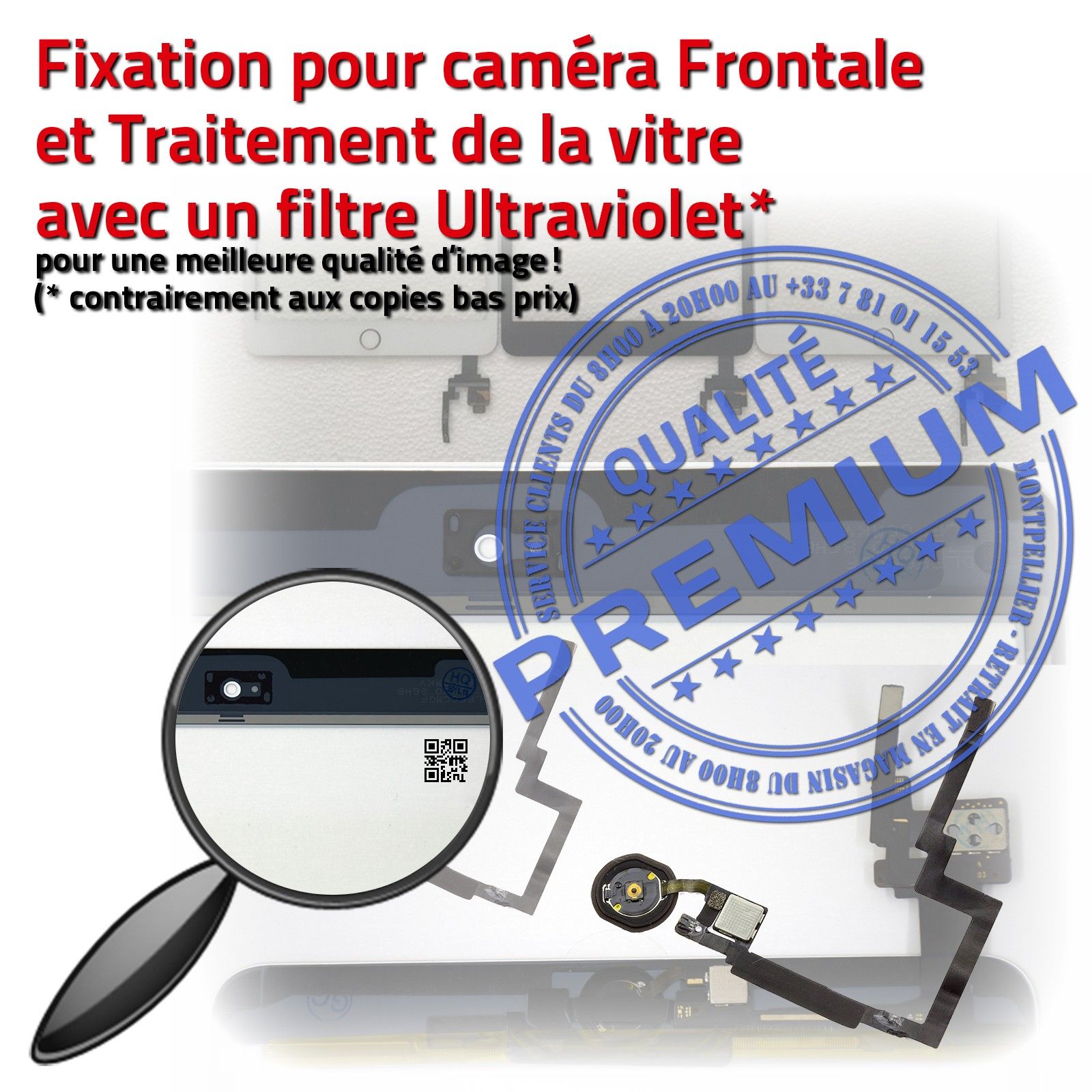 iPad A1599 Ecran Blanc Vitre Tactile PREMIUM Adhésif Verre Oléophobe Fixation Caméra Filtre Nappe Bouton Réparation Tablette