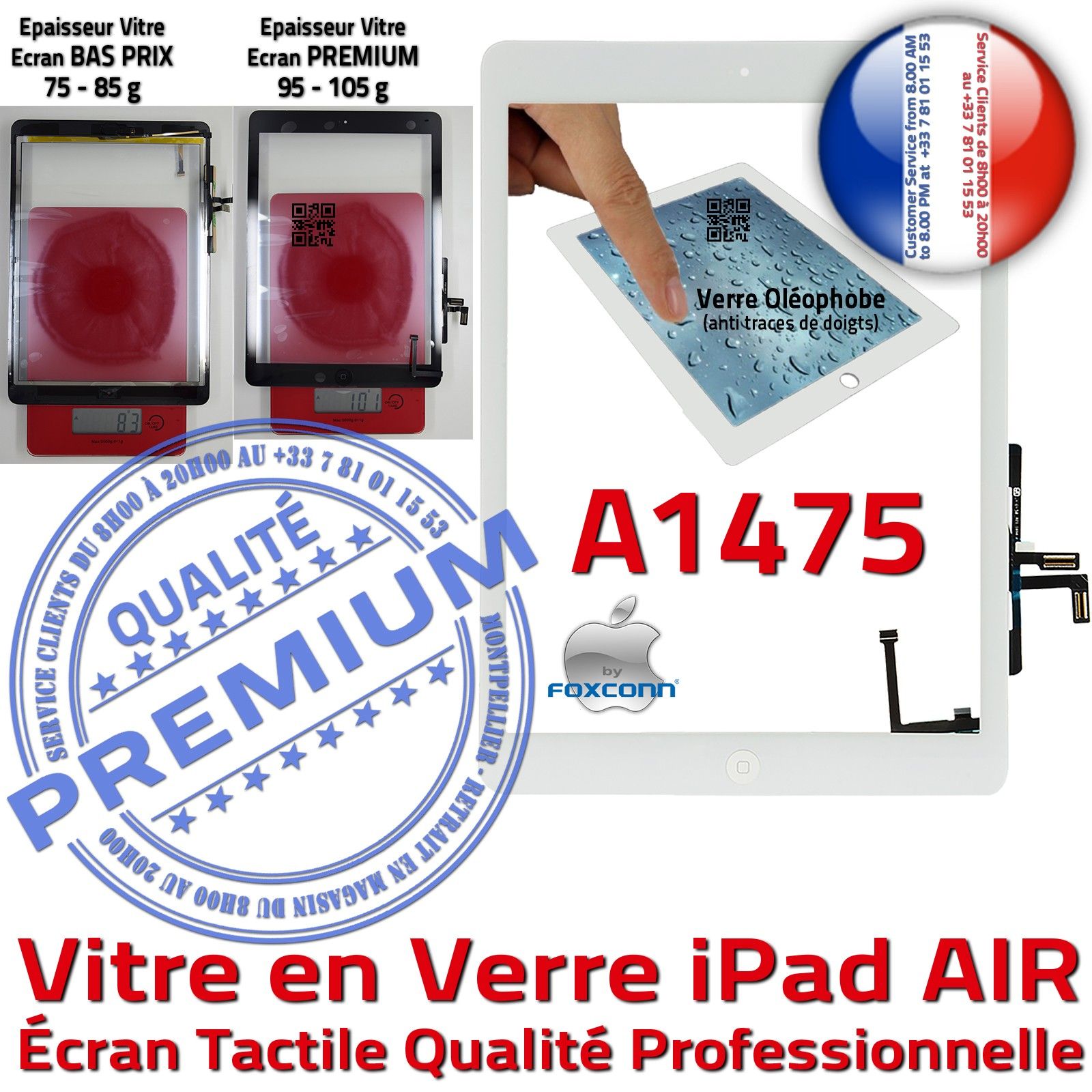 Vitre Tactile iPad AIR A1475 Blanc Adhésif Monté Ecran Qualité Verre Oléophobe Fixation Caméra Nappe HOME IC Réparation Tablette
