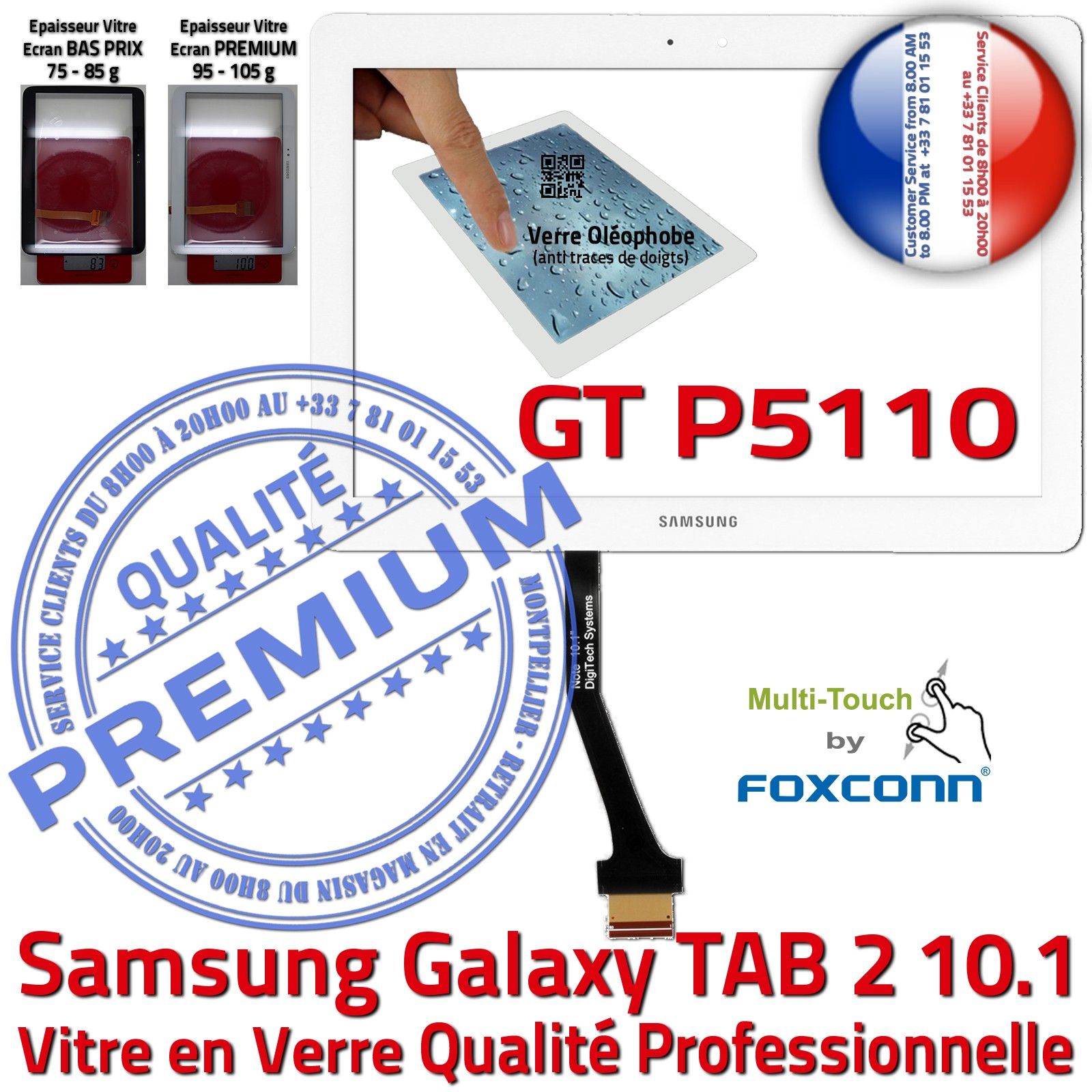 Vitre ecran tactile Samsung Galaxy Tab 2 10.1" P5100 P5110 noir+adhésif