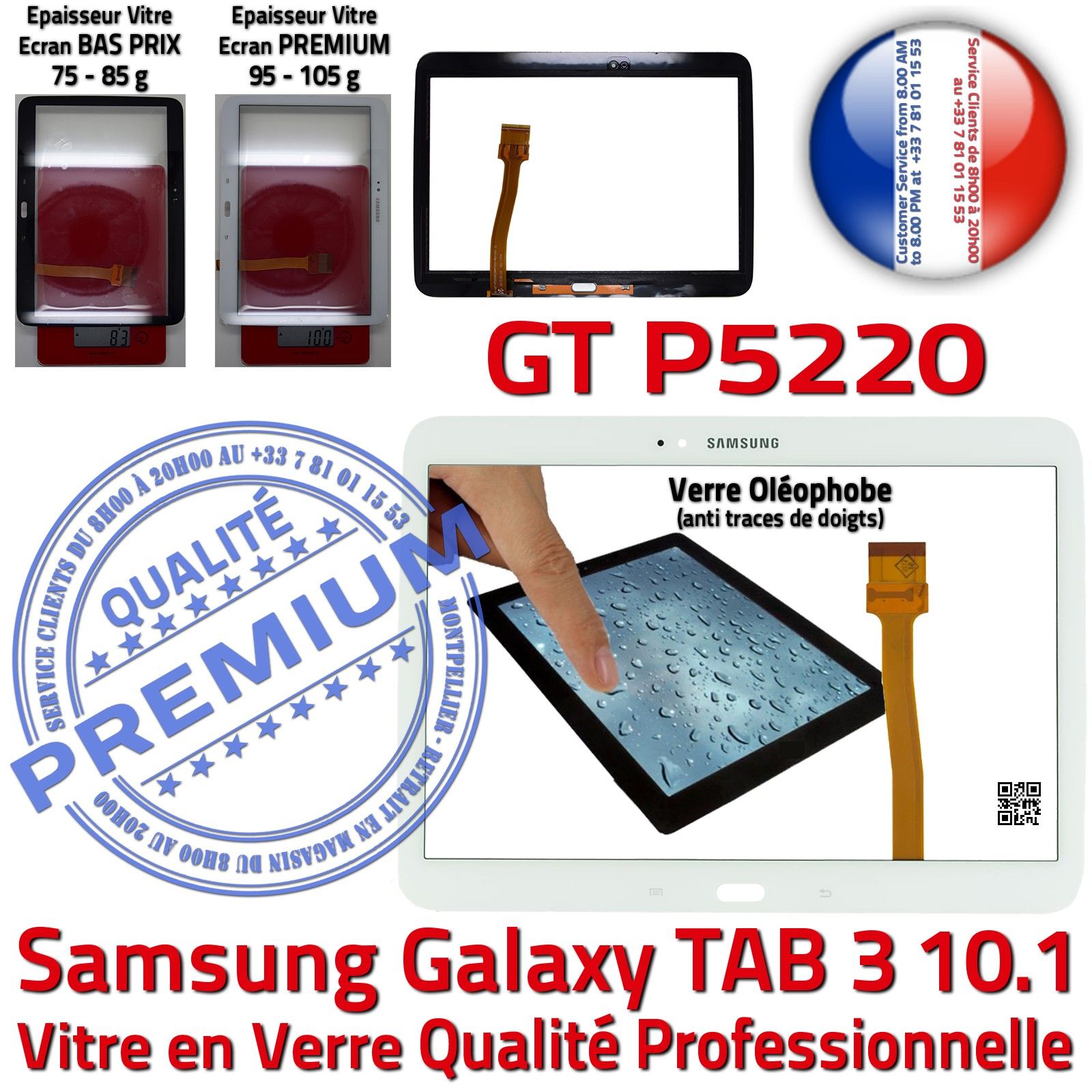 Samsung Galaxy TAB3 GT-P5220 10.1 Vitre Tactile Blanche en Verre Qualité Supérieure PREMIUM Assemblée Adhésif LCD Ecran Prémonté