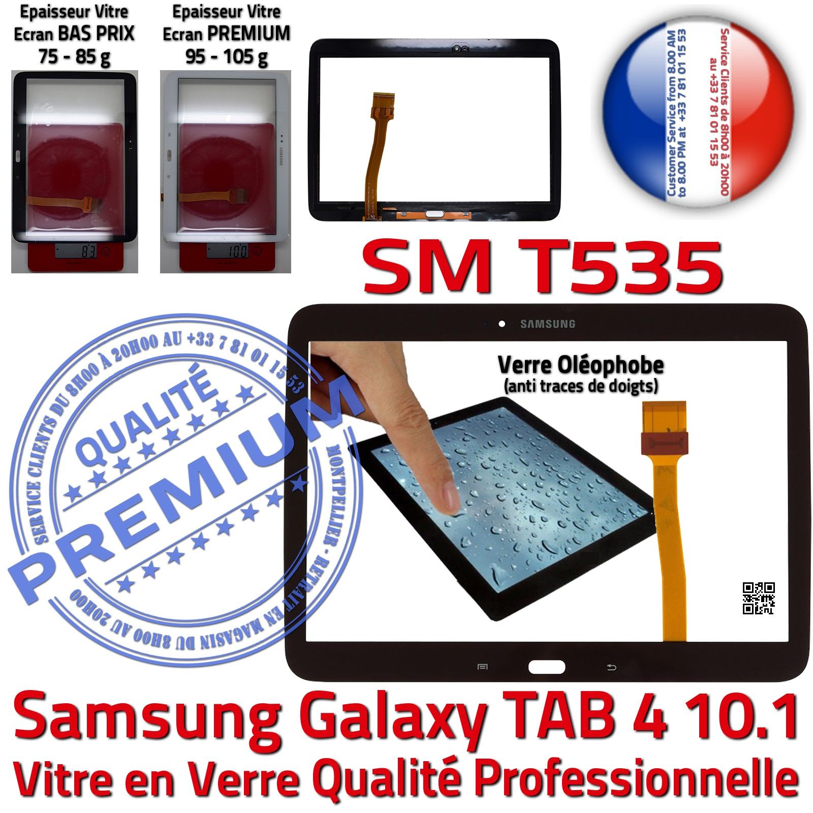 Samsung Galaxy TAB4 SM-T535 10.1 Vitre Tactile Noire en Verre Qualité Supérieure PREMIUM Assemblée Adhésif LCD Ecran Prémonté