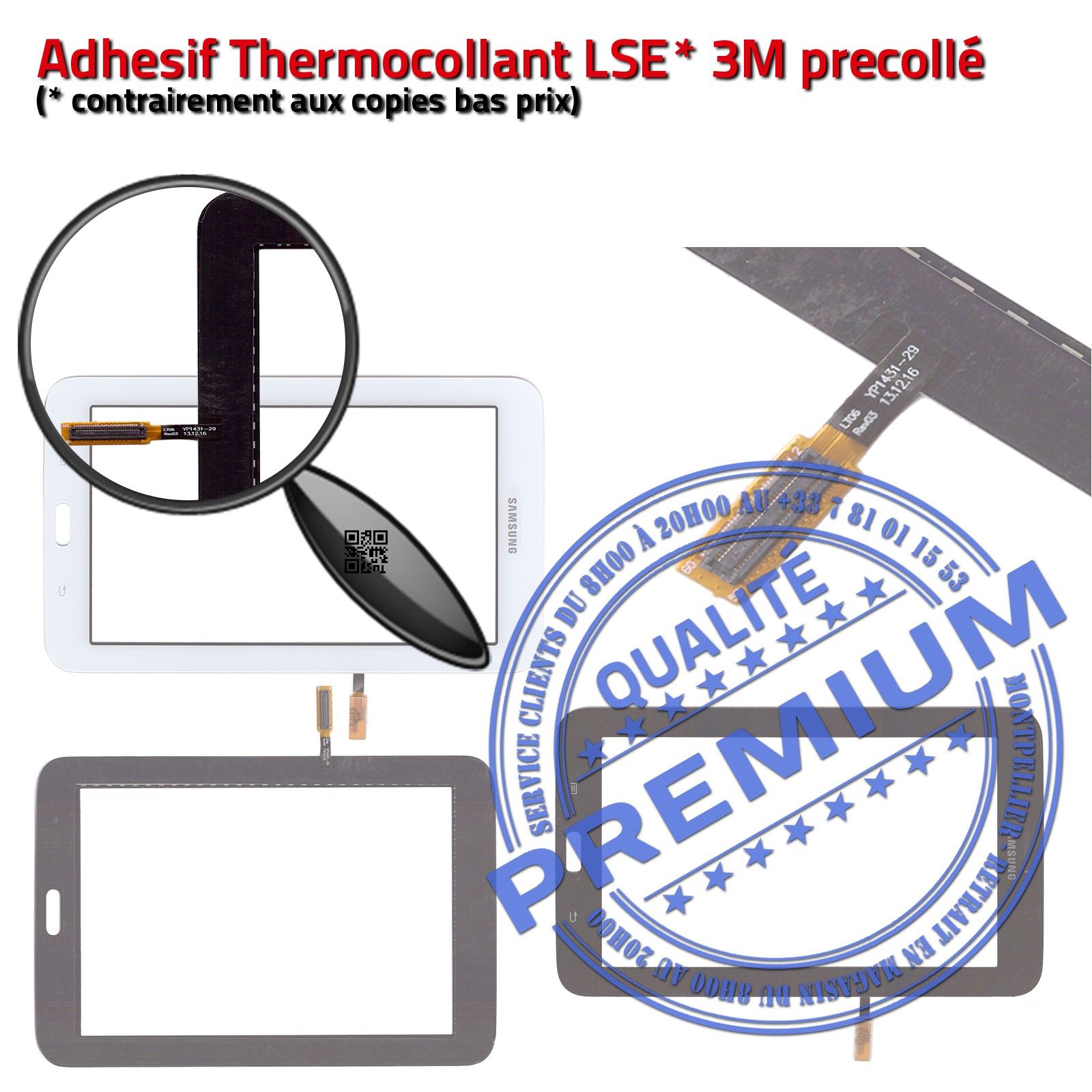 Vitre Tactile SM-T113 TAB 3 Assemblée Adhésif Prémonté Samsung Ecran Noir A++