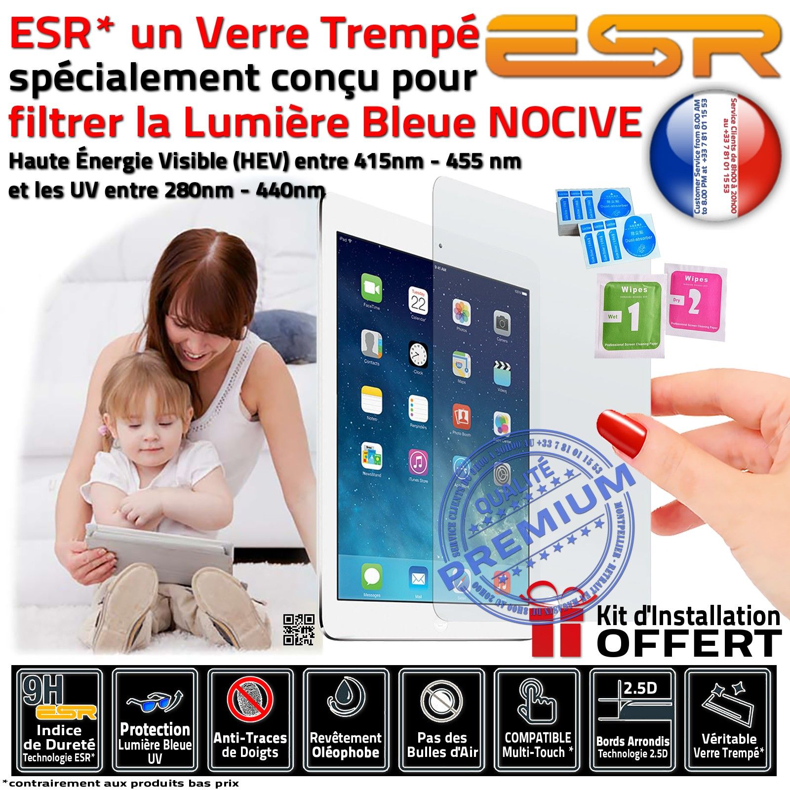 A1600 Protection Lumière Bleue Verre Trempé ESR Vitre Ecran Incassable iPad Apple Film Protecteur Anti-Rayures Anti-Chocs Filtre