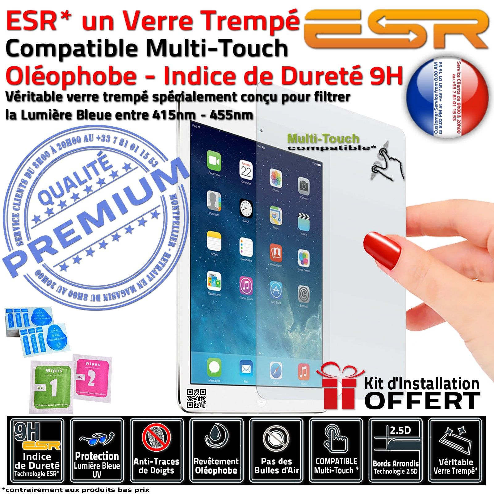 iPad AIR2 Verre Trempé ESR Protection Vitre Ecran Apple Oléophobe Anti Rayures Chocs Traces Filtre Lumière Bleue UV Multi-Touch